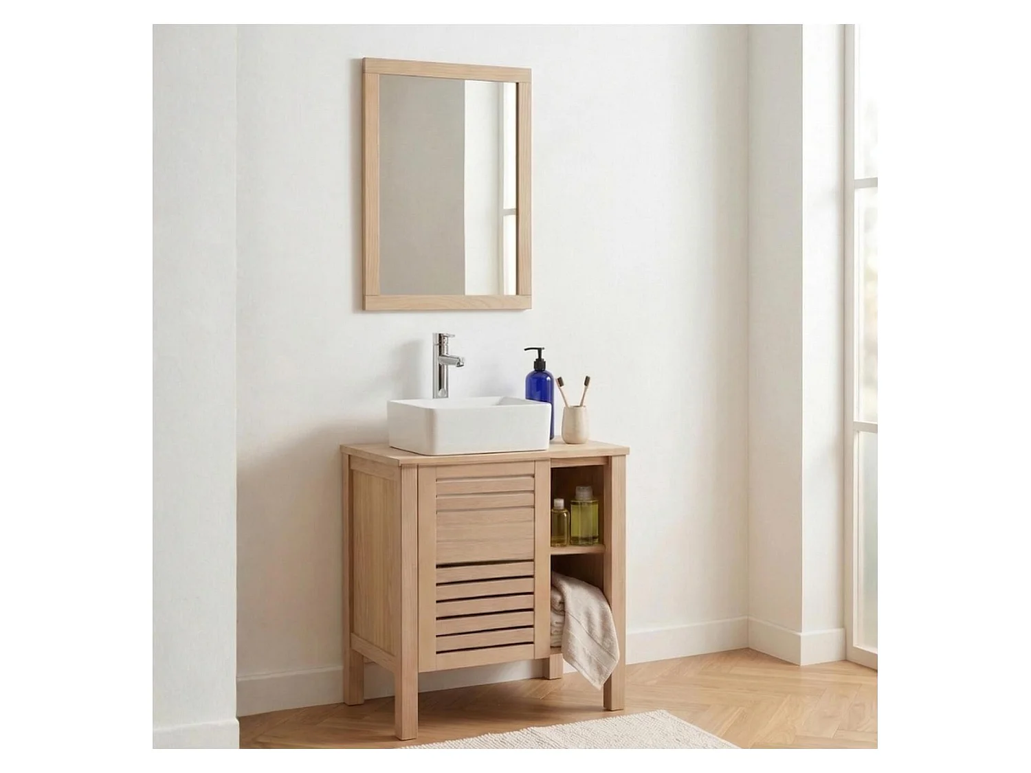 Badset 60cm Eiche, Waschbecken, Armatur und Spiegel TALIX