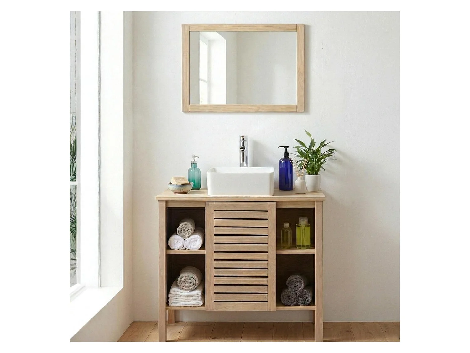 TALIX Badmöbel Set 90cm Eiche inkl Unterschrank Becken Armatur Spiegel