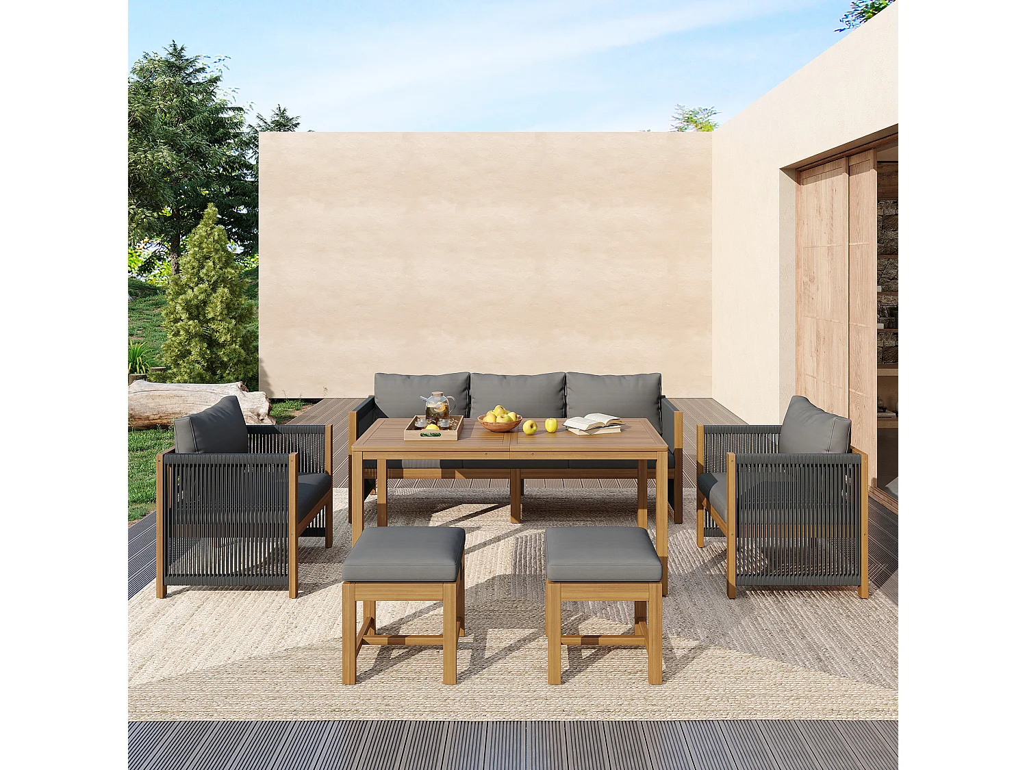 Salon de jardin en bois 7 places : canapé 3 places, 2 fauteuils et un table basse - Gris