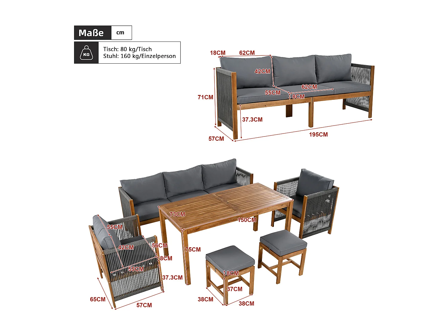 Salon de jardin en bois 7 places : canapé 3 places, 2 fauteuils et un table basse - Gris