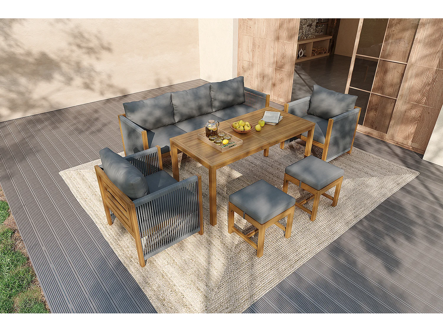 Salon de jardin en bois 7 places : canapé 3 places, 2 fauteuils et un table basse - Gris