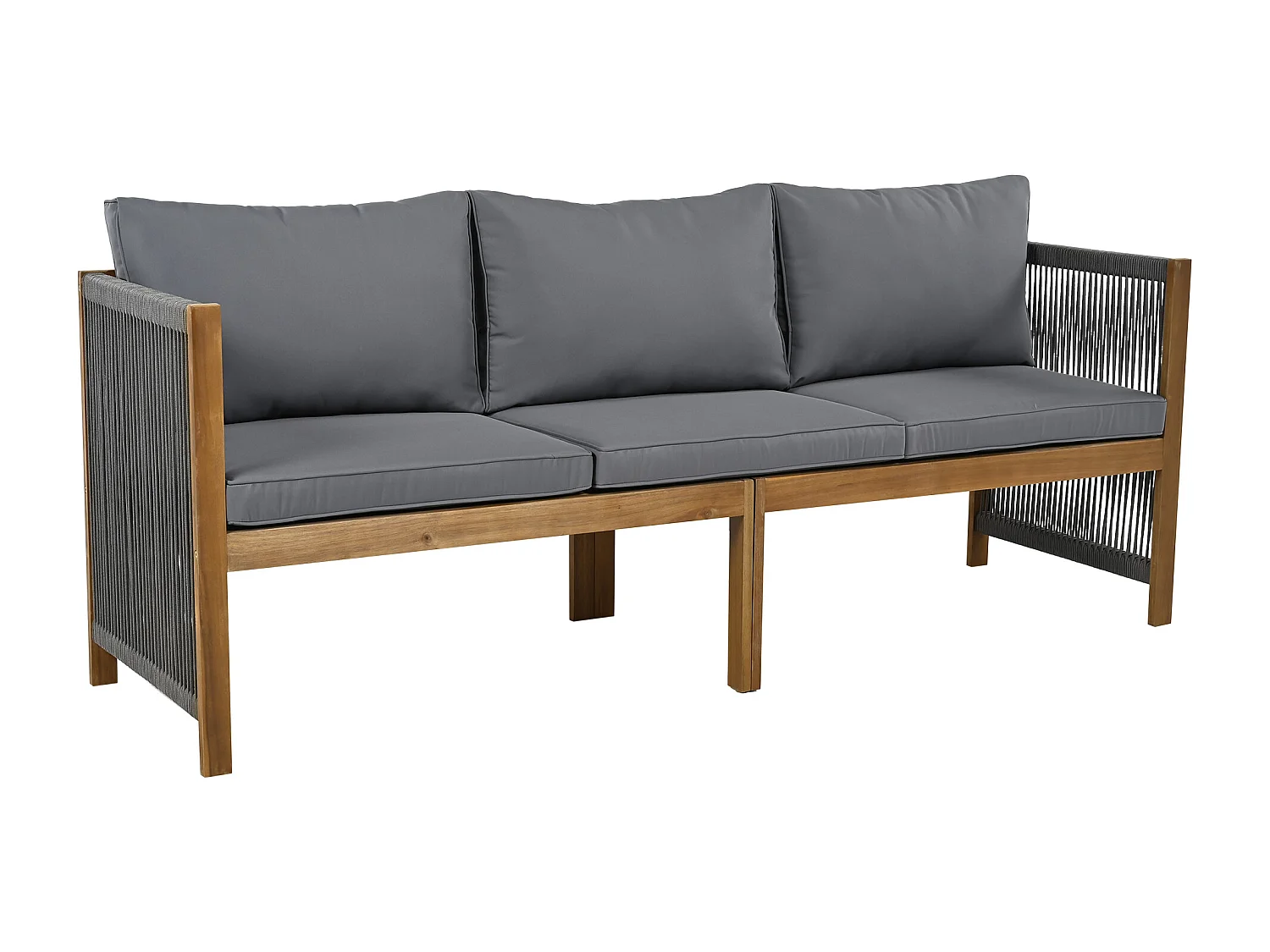 Salon de jardin en bois 7 places : canapé 3 places, 2 fauteuils et un table basse - Gris