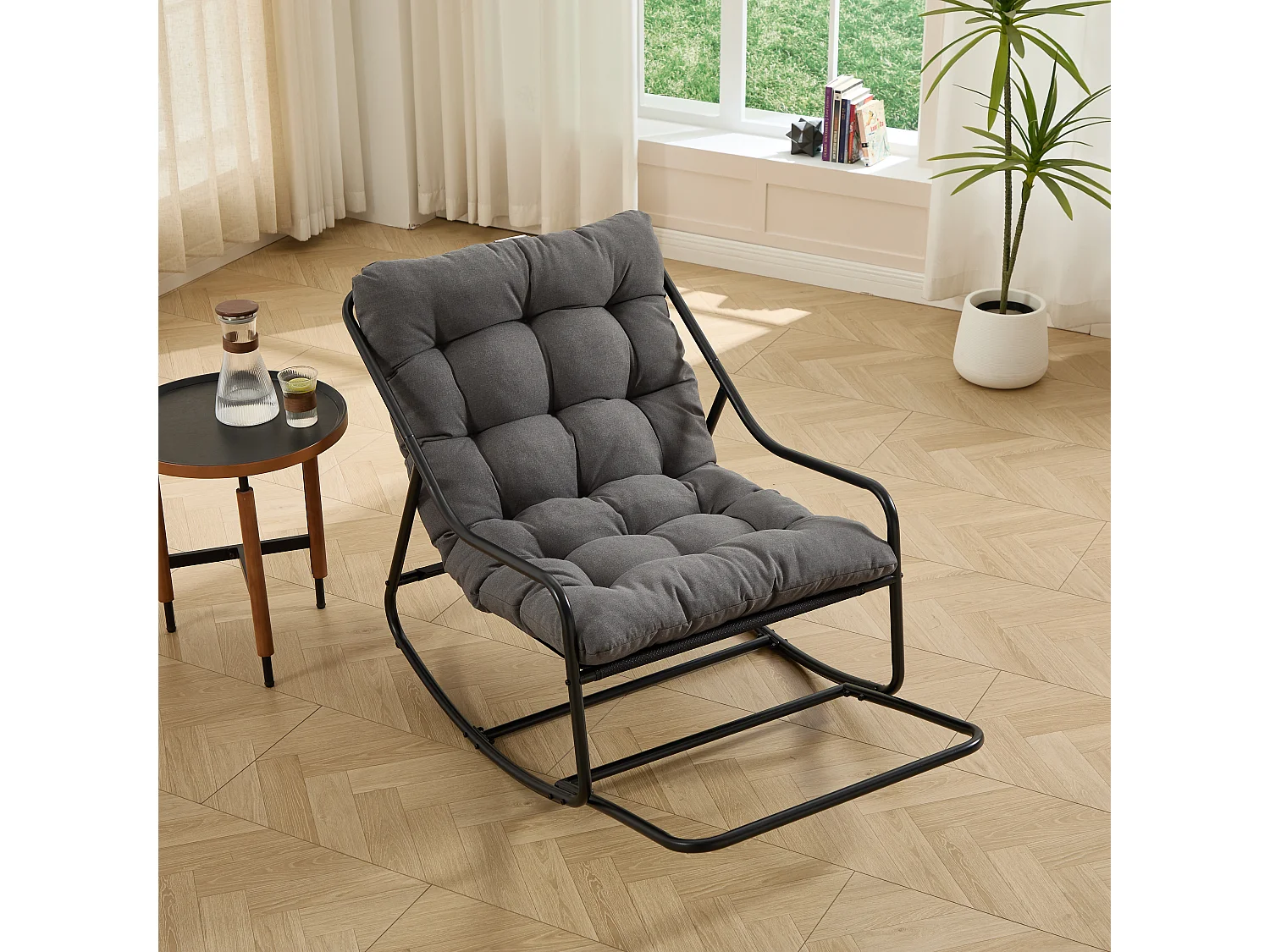 Fauteuil de jardin à bascule en acier noir - Coussin en tissu gris