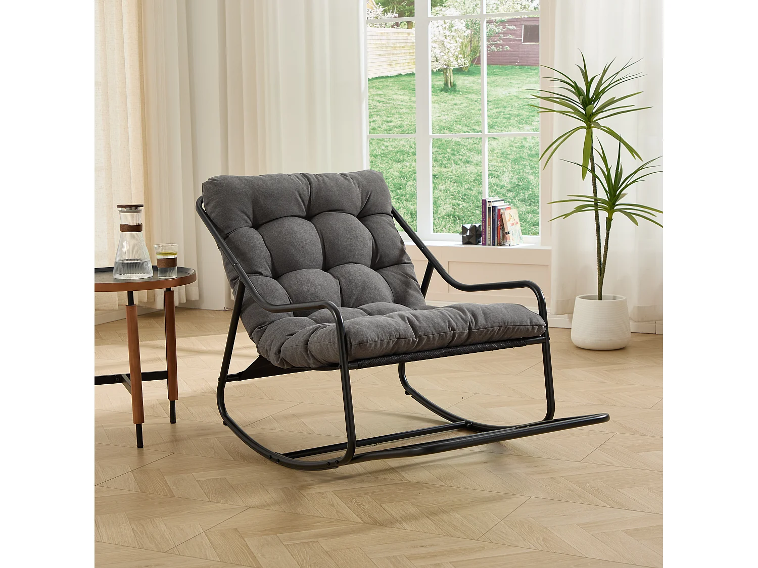 Fauteuil de jardin à bascule en acier noir - Coussin en tissu gris