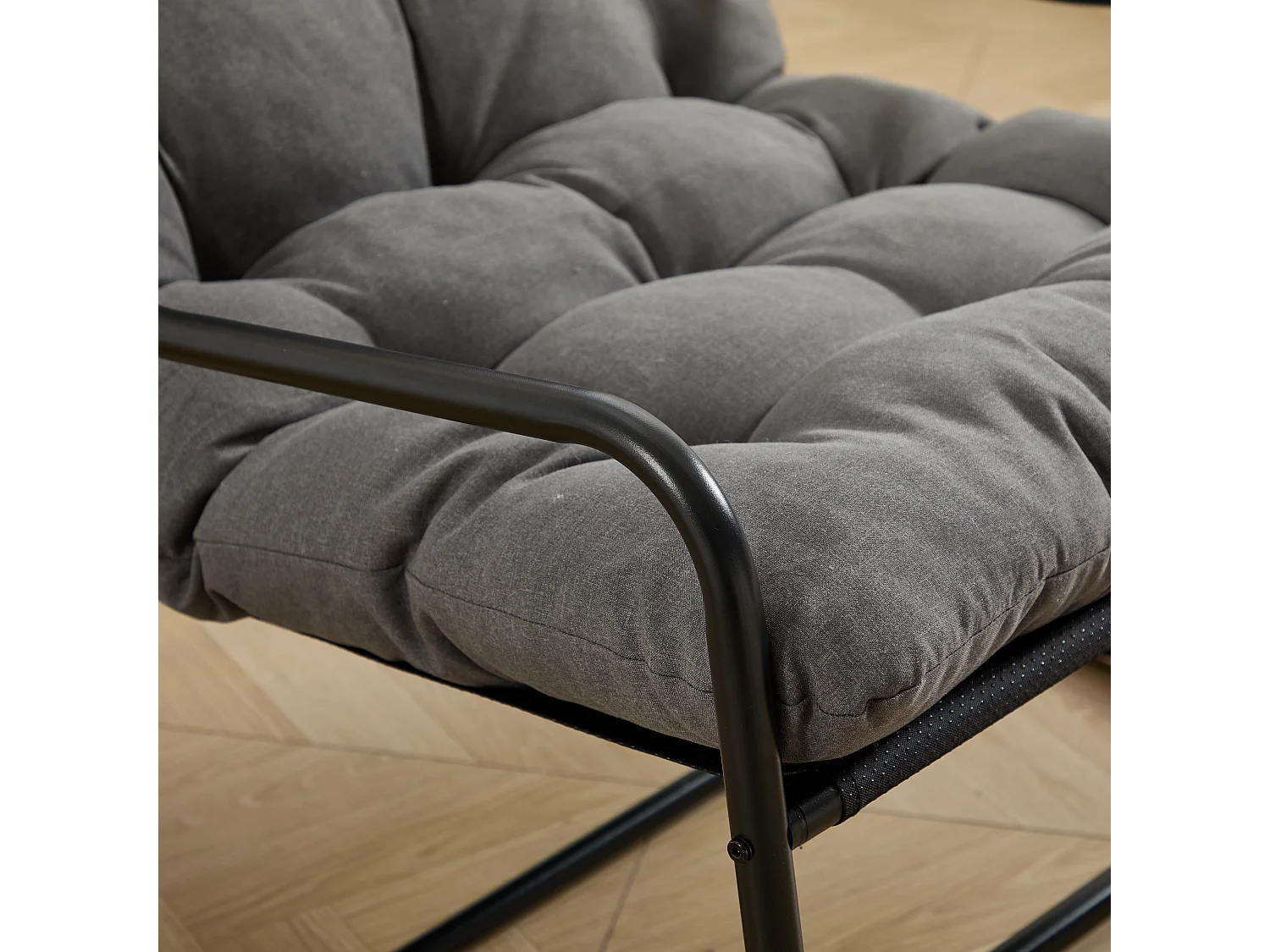 Fauteuil de jardin à bascule en acier noir - Coussin en tissu gris