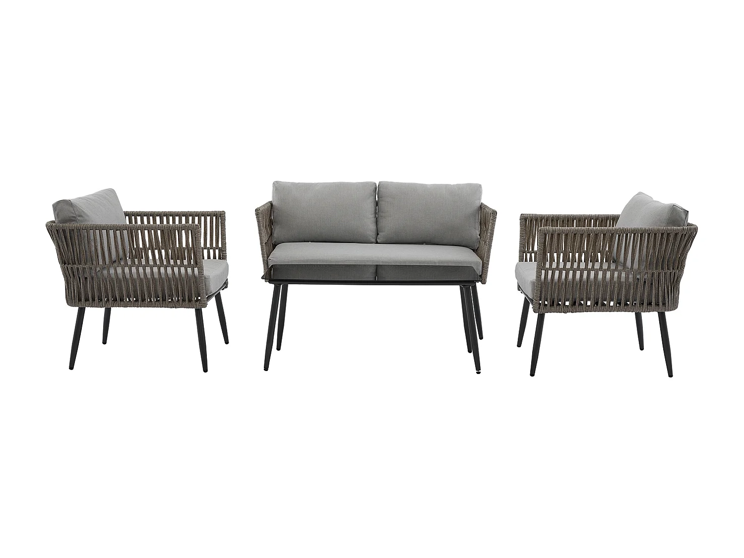 Conjunto de mobiliário de jardim em aço galvanizado cinzento: um sofá de 2 lugares, 2 cadeirões e uma mesa de centro.