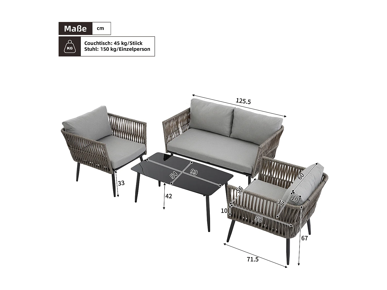 Conjunto de mobiliário de jardim em aço galvanizado cinzento: um sofá de 2 lugares, 2 cadeirões e uma mesa de centro.