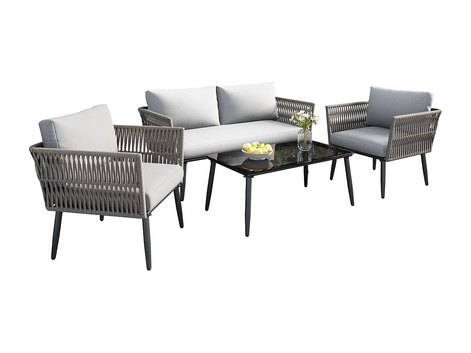 Conjunto de mobiliário de jardim em aço galvanizado cinzento: um sofá de 2 lugares, 2 cadeirões e uma mesa de centro.