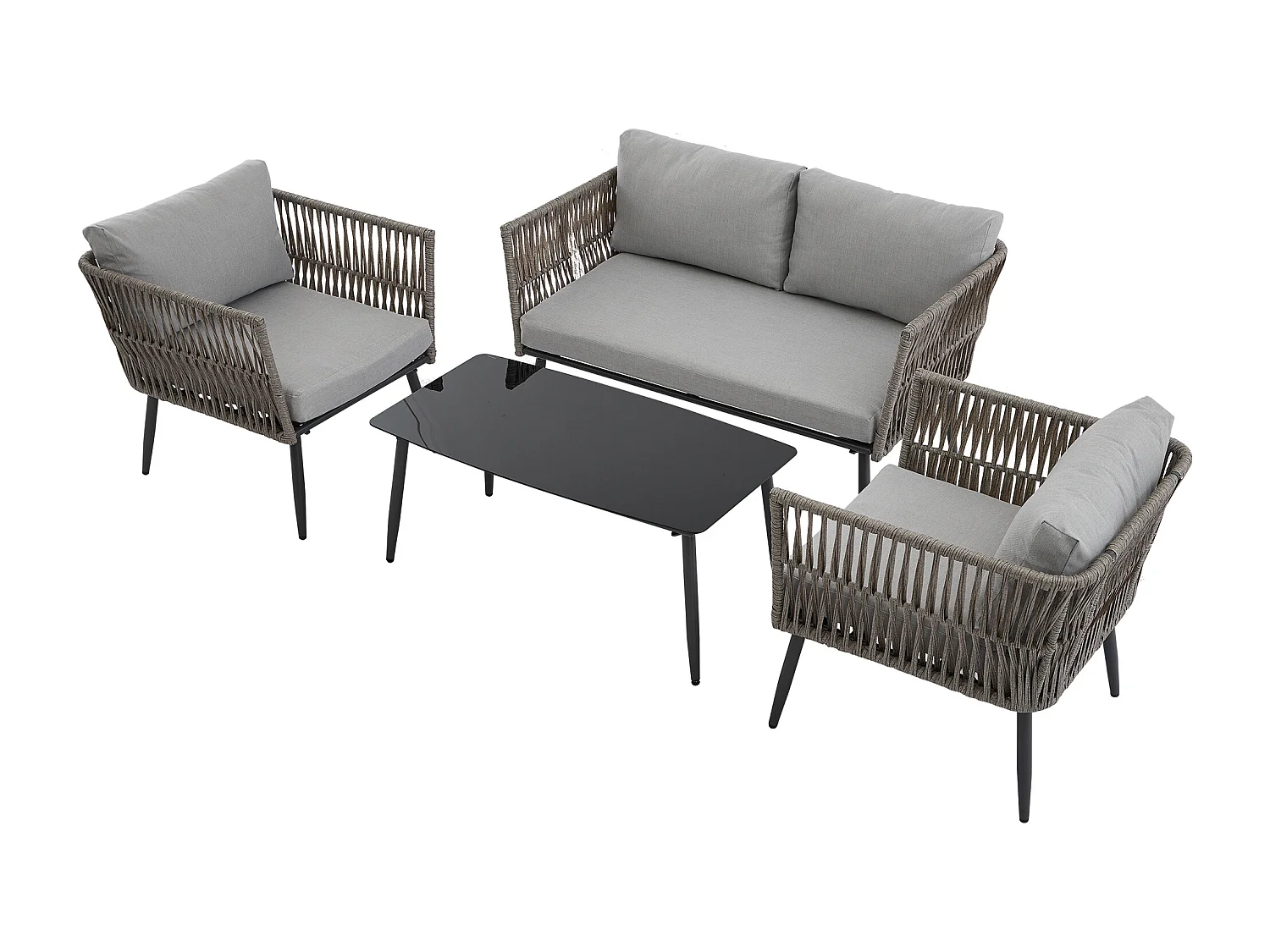 Conjunto de mobiliário de jardim em aço galvanizado cinzento: um sofá de 2 lugares, 2 cadeirões e uma mesa de centro.
