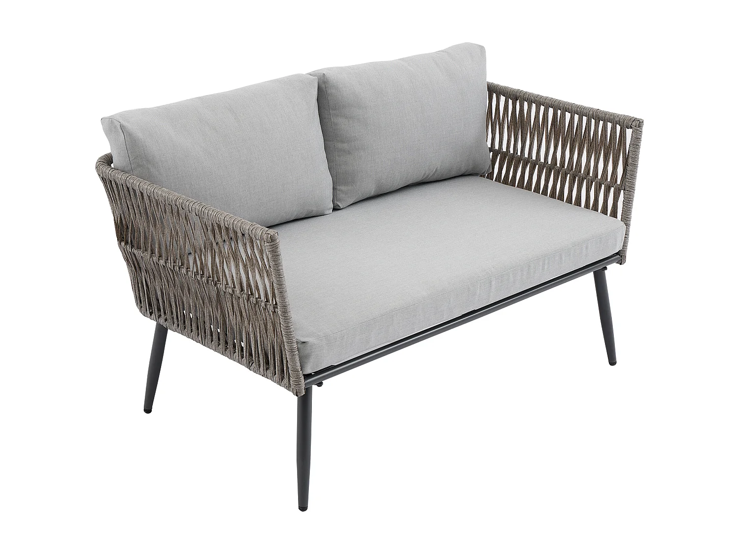 Conjunto de mobiliário de jardim em aço galvanizado cinzento: um sofá de 2 lugares, 2 cadeirões e uma mesa de centro.