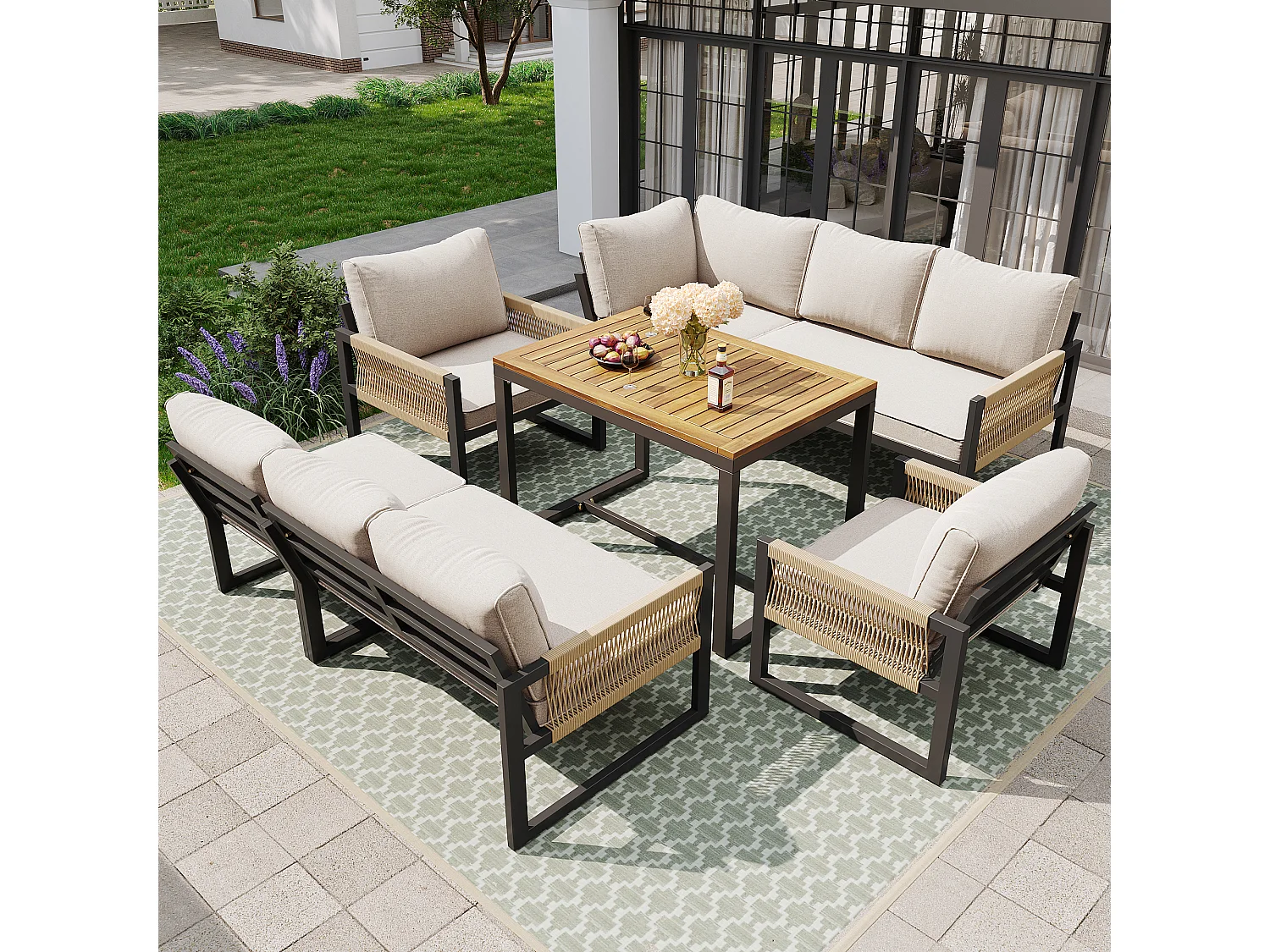 Modulaire tuinset voor 7 tot 8 personen, beige, gemaakt van metaal en polyester, inclusief tafel.
