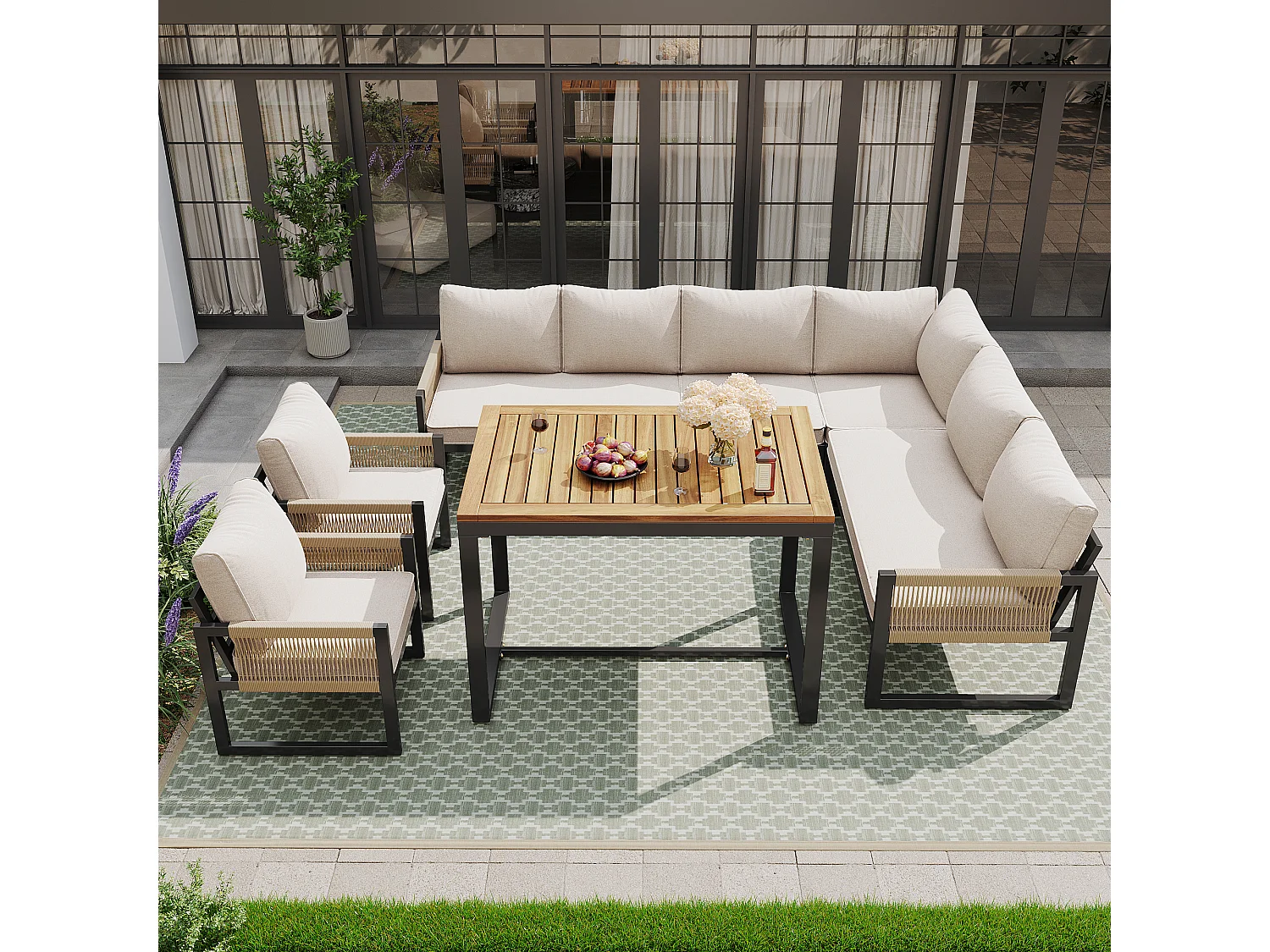 Modulaire tuinset voor 7 tot 8 personen, beige, gemaakt van metaal en polyester, inclusief tafel.