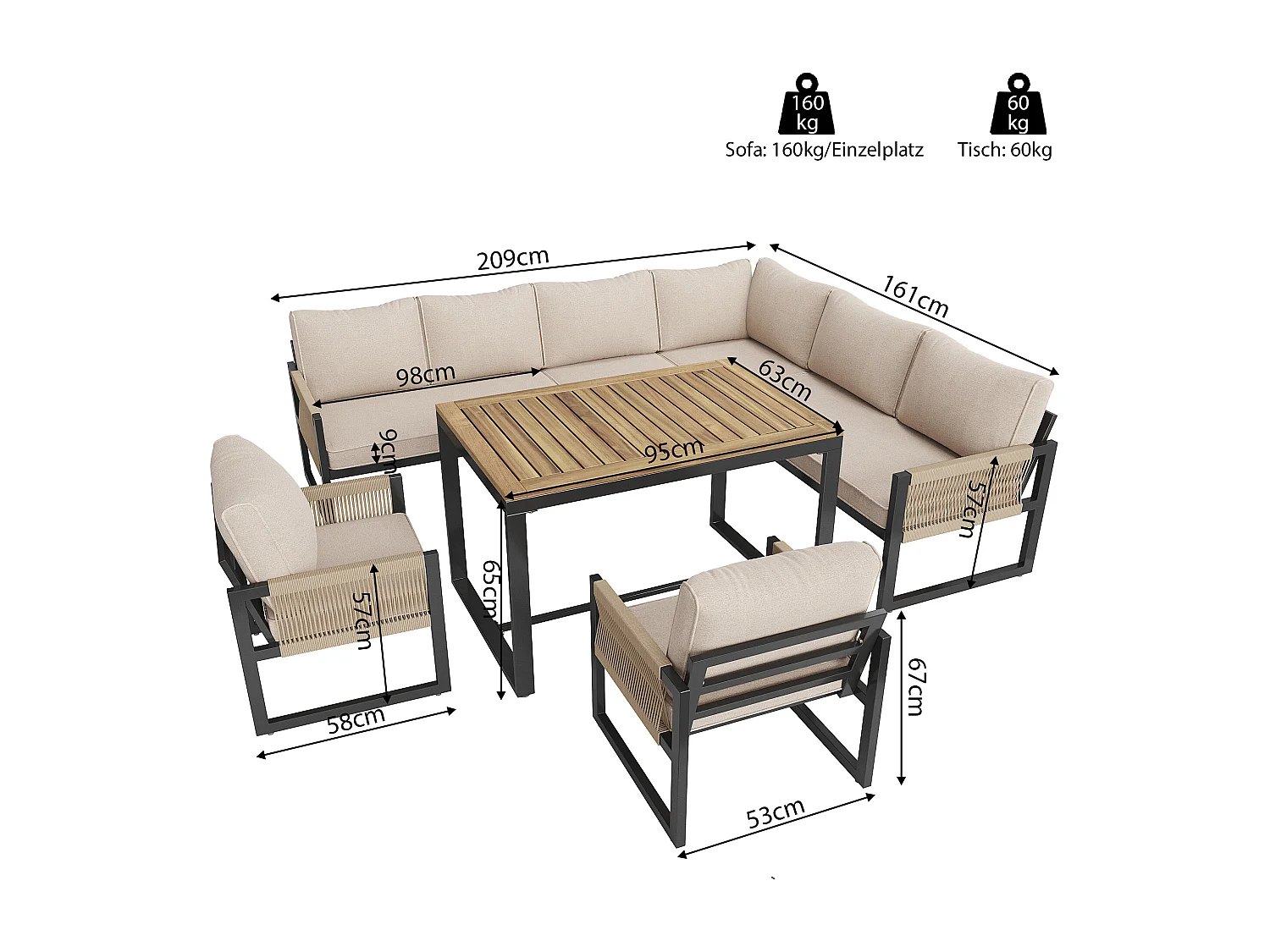 Modulaire tuinset voor 7 tot 8 personen, beige, gemaakt van metaal en polyester, inclusief tafel.