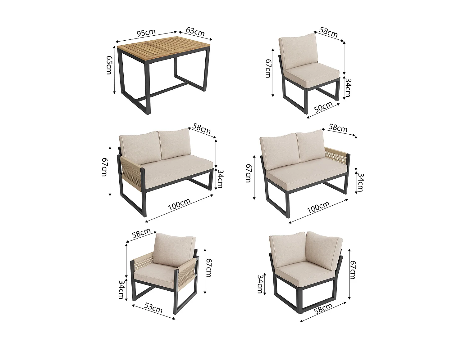 Modulaire tuinset voor 7 tot 8 personen, beige, gemaakt van metaal en polyester, inclusief tafel.