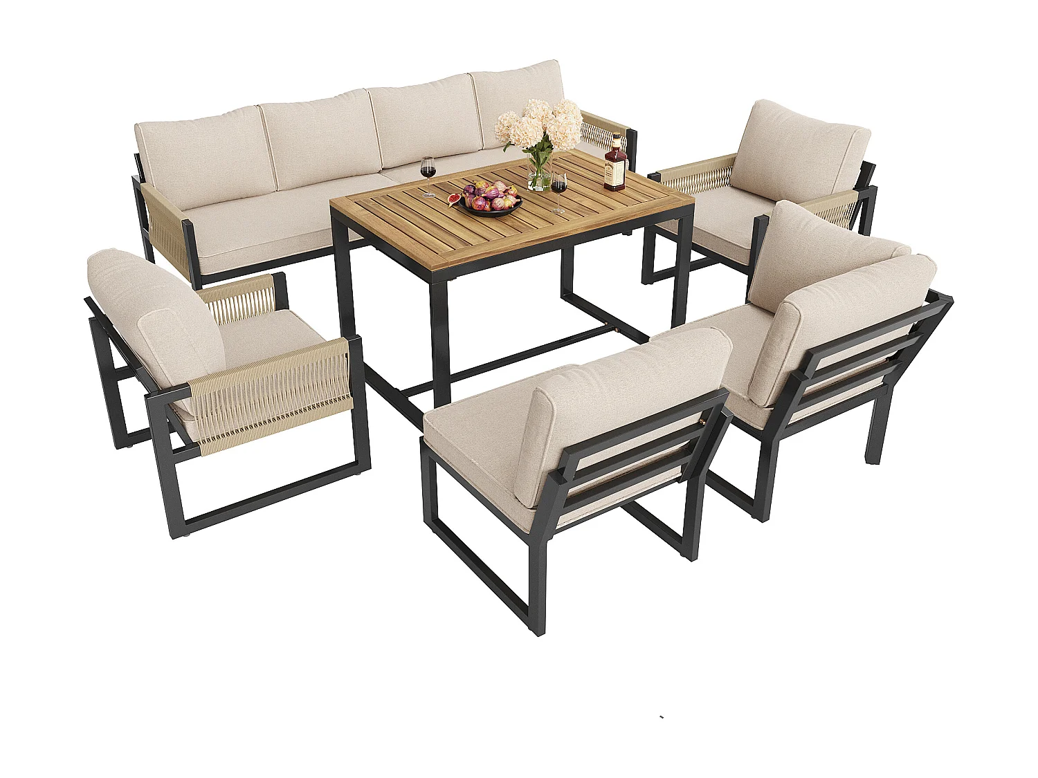 Modulaire tuinset voor 7 tot 8 personen, beige, gemaakt van metaal en polyester, inclusief tafel.