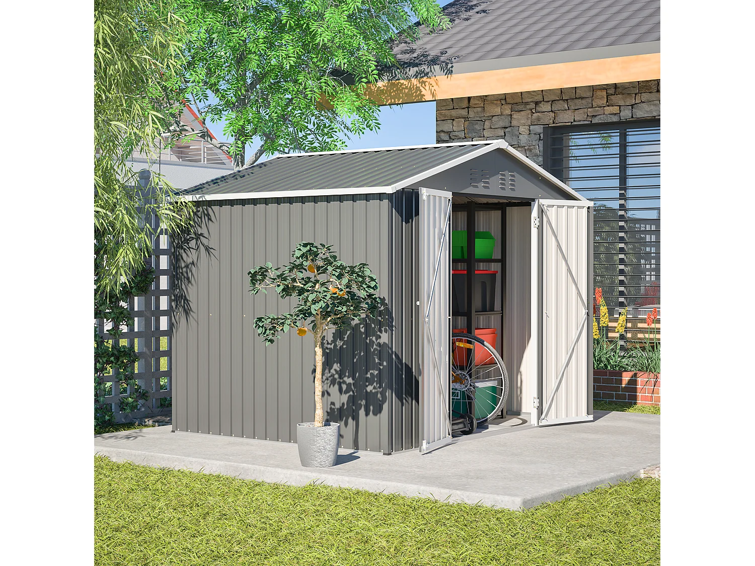 4,13 m² grijze metalen tuinschuur met brede deur en ventilatie