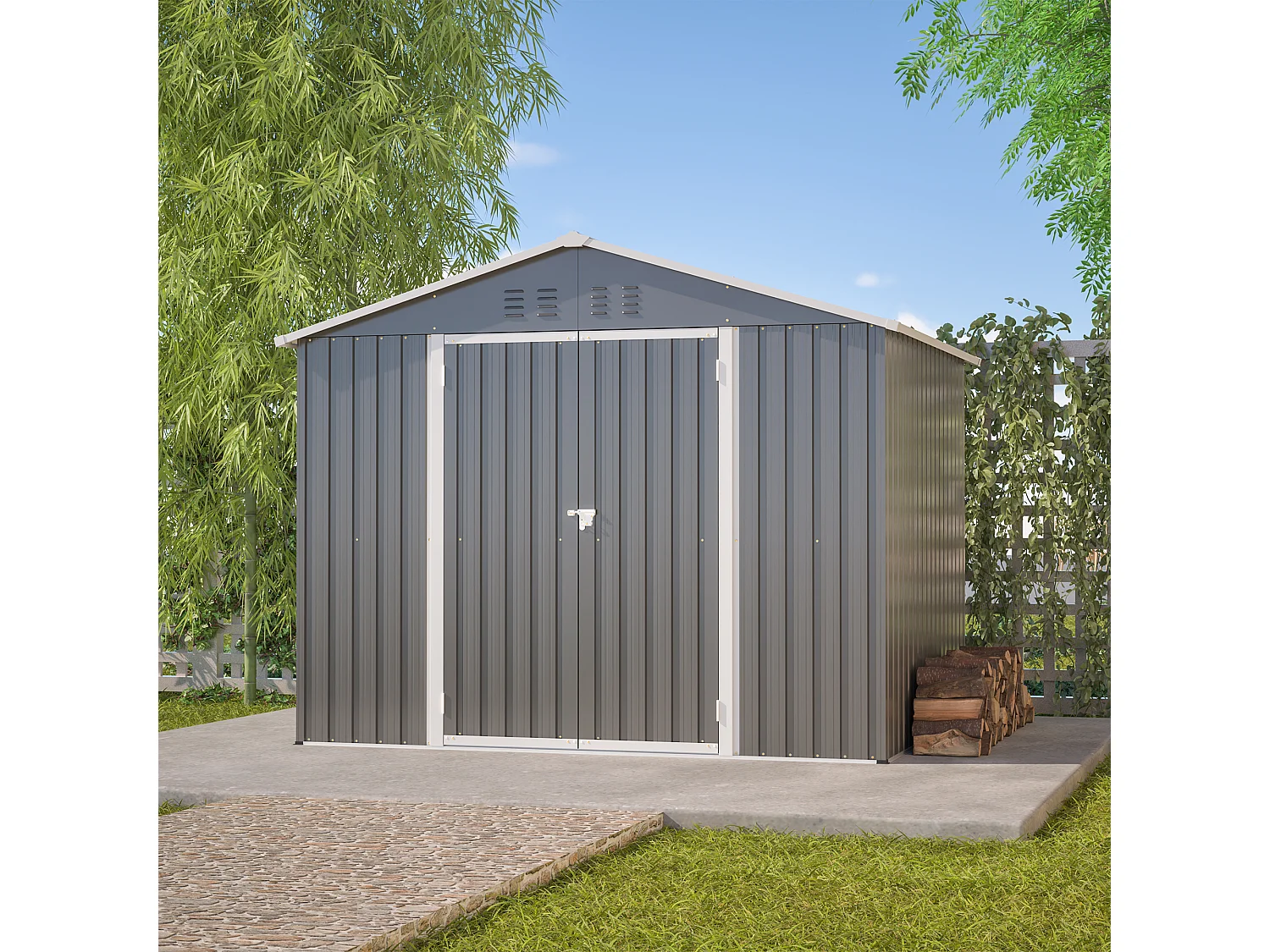 4,13 m² grijze metalen tuinschuur met brede deur en ventilatie