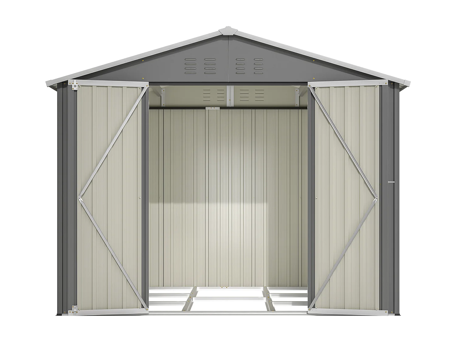 4,13 m² grijze metalen tuinschuur met brede deur en ventilatie