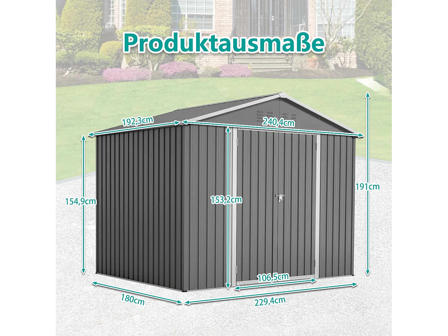 4,13 m² grijze metalen tuinschuur met brede deur en ventilatie