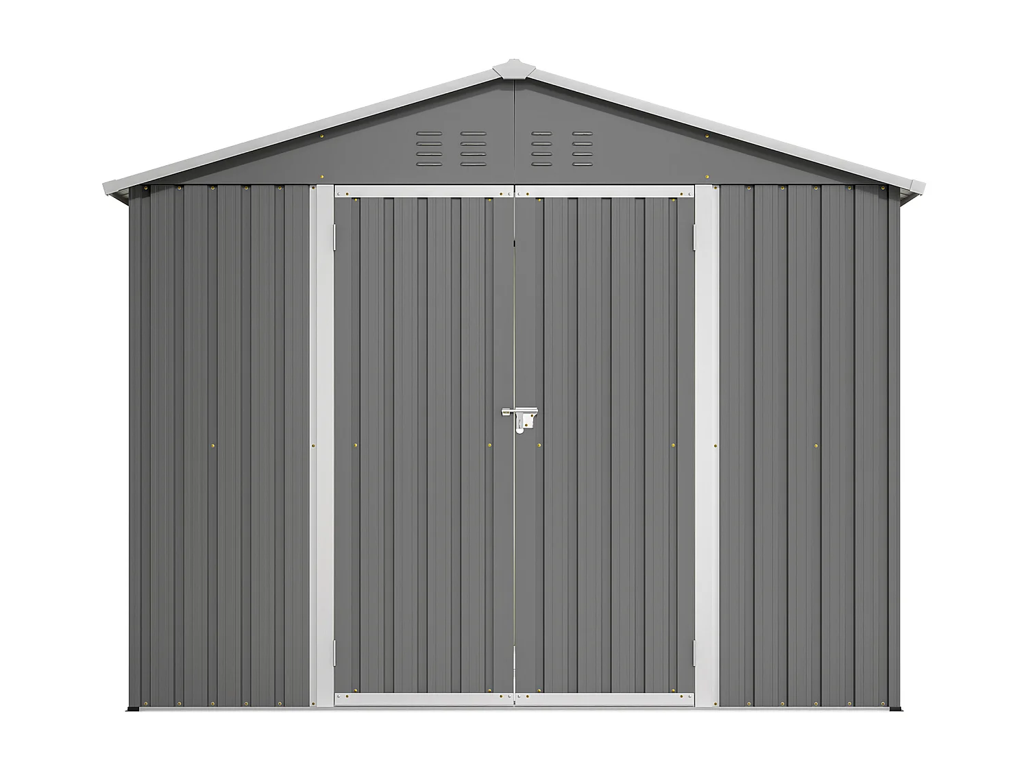 4,13 m² grijze metalen tuinschuur met brede deur en ventilatie