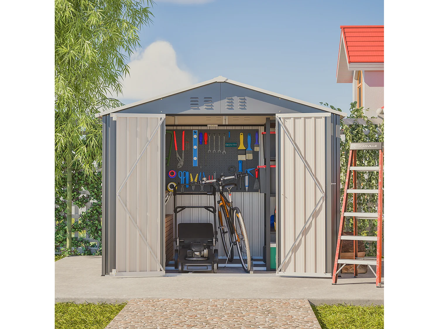 4,13 m² grijze metalen tuinschuur met brede deur en ventilatie