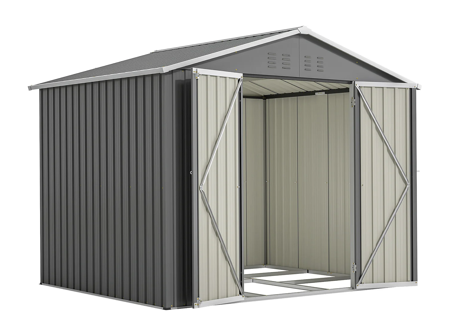 4,13 m² grijze metalen tuinschuur met brede deur en ventilatie
