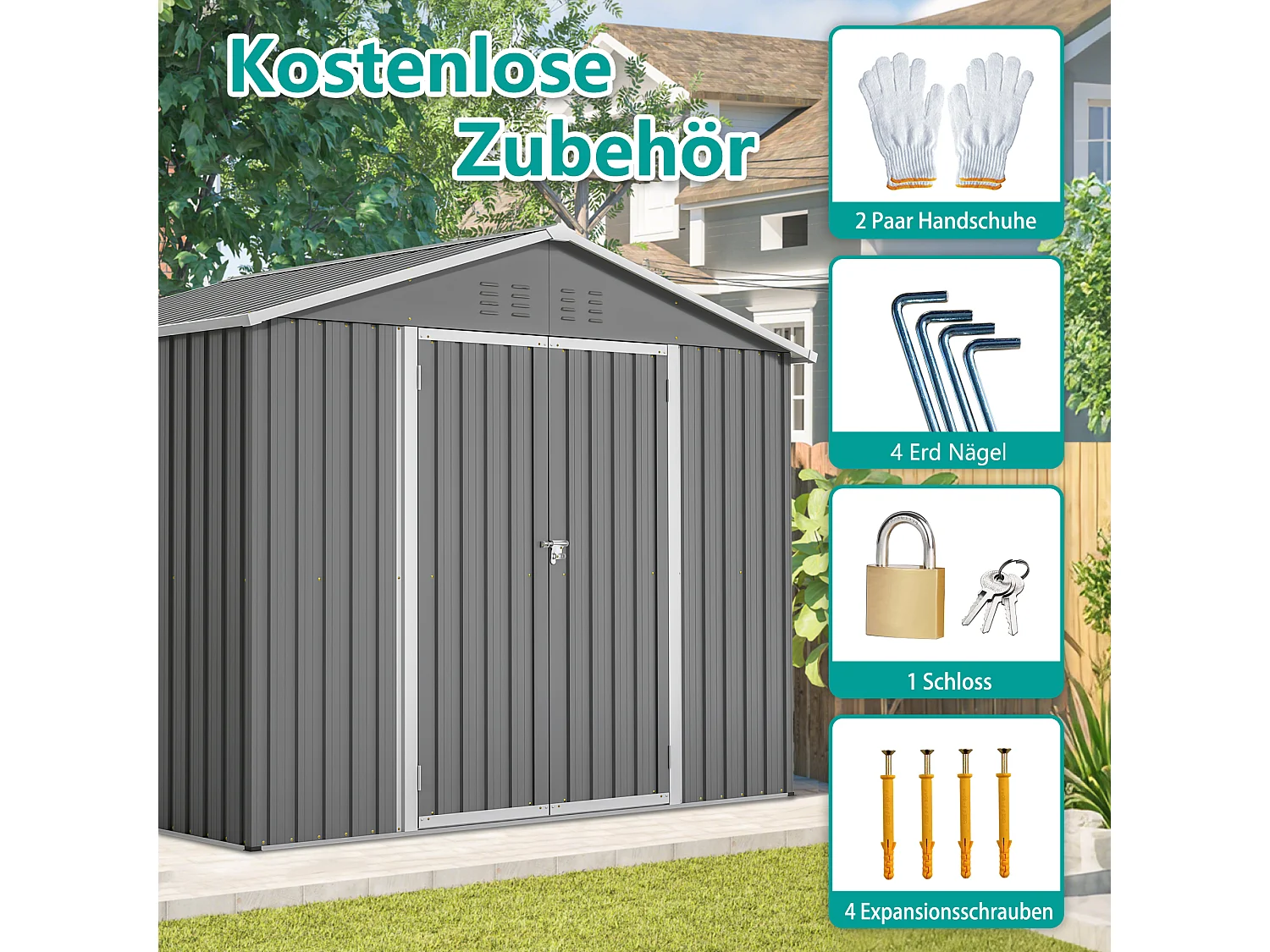 4,13 m² grijze metalen tuinschuur met brede deur en ventilatie