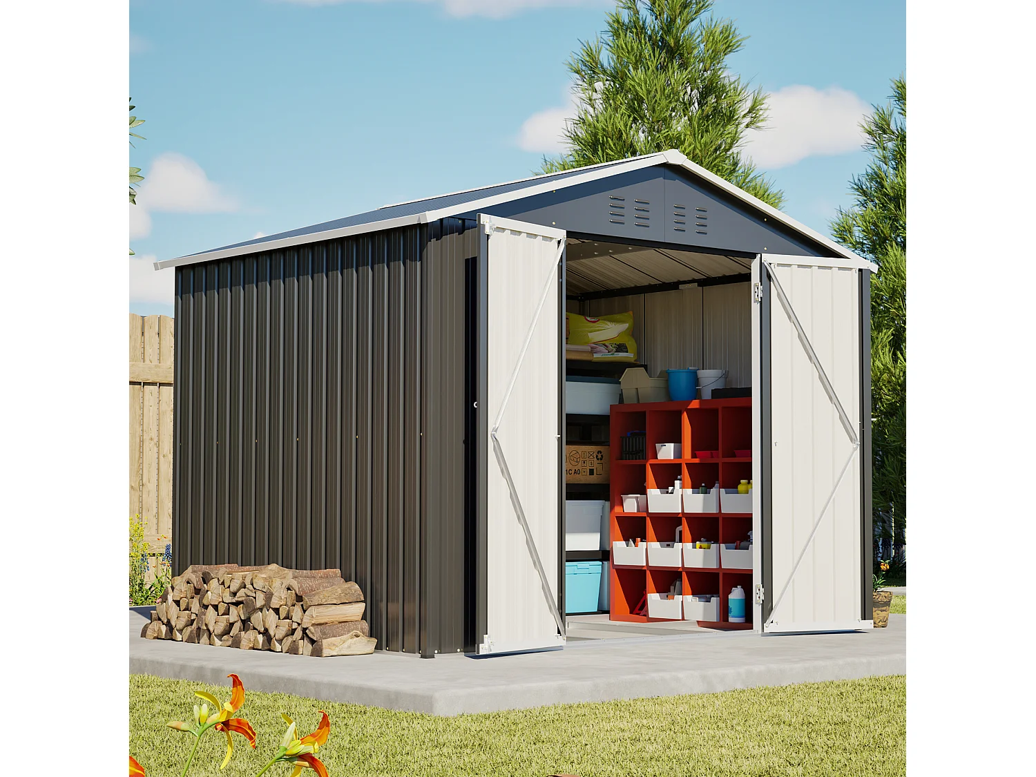 Grijze metalen tuinschuur, 4,13 m², met deur en 4 ventilatieopeningen.