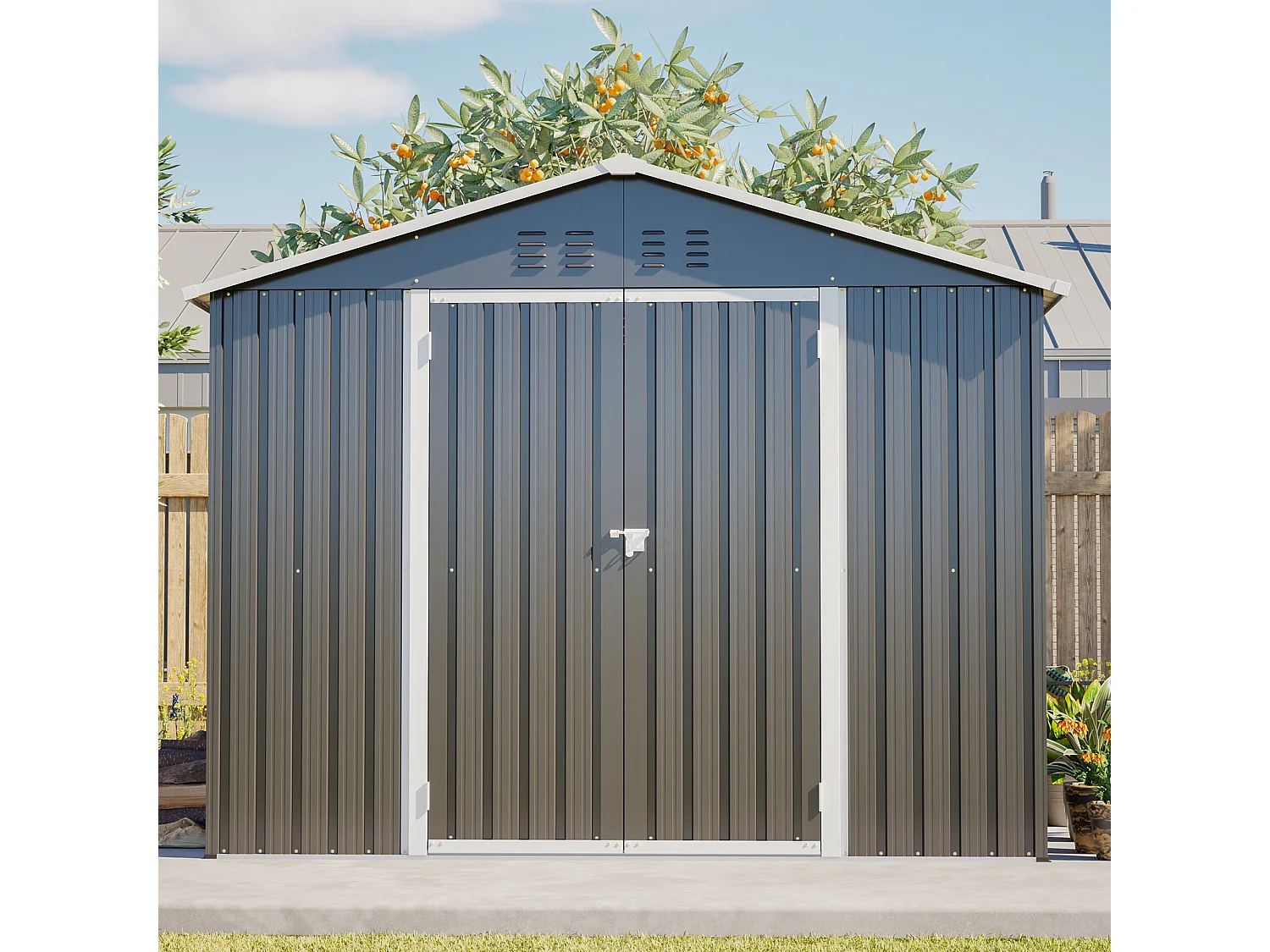 Grijze metalen tuinschuur, 4,13 m², met deur en 4 ventilatieopeningen.