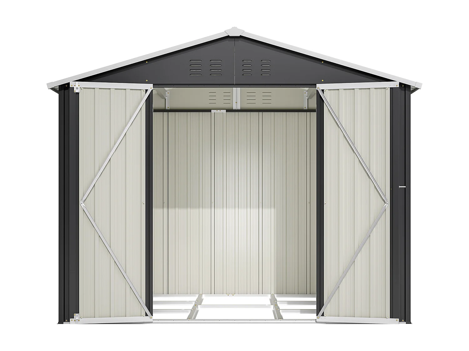 Grijze metalen tuinschuur, 4,13 m², met deur en 4 ventilatieopeningen.