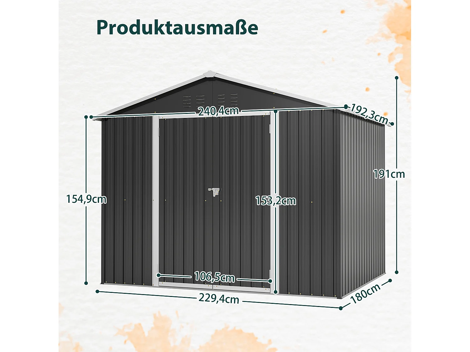 Grijze metalen tuinschuur, 4,13 m², met deur en 4 ventilatieopeningen.