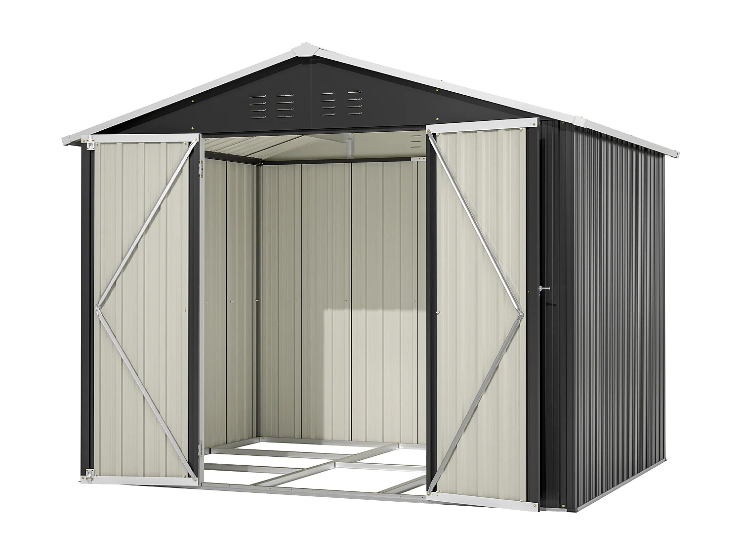 Grijze metalen tuinschuur, 4,13 m², met deur en 4 ventilatieopeningen.
