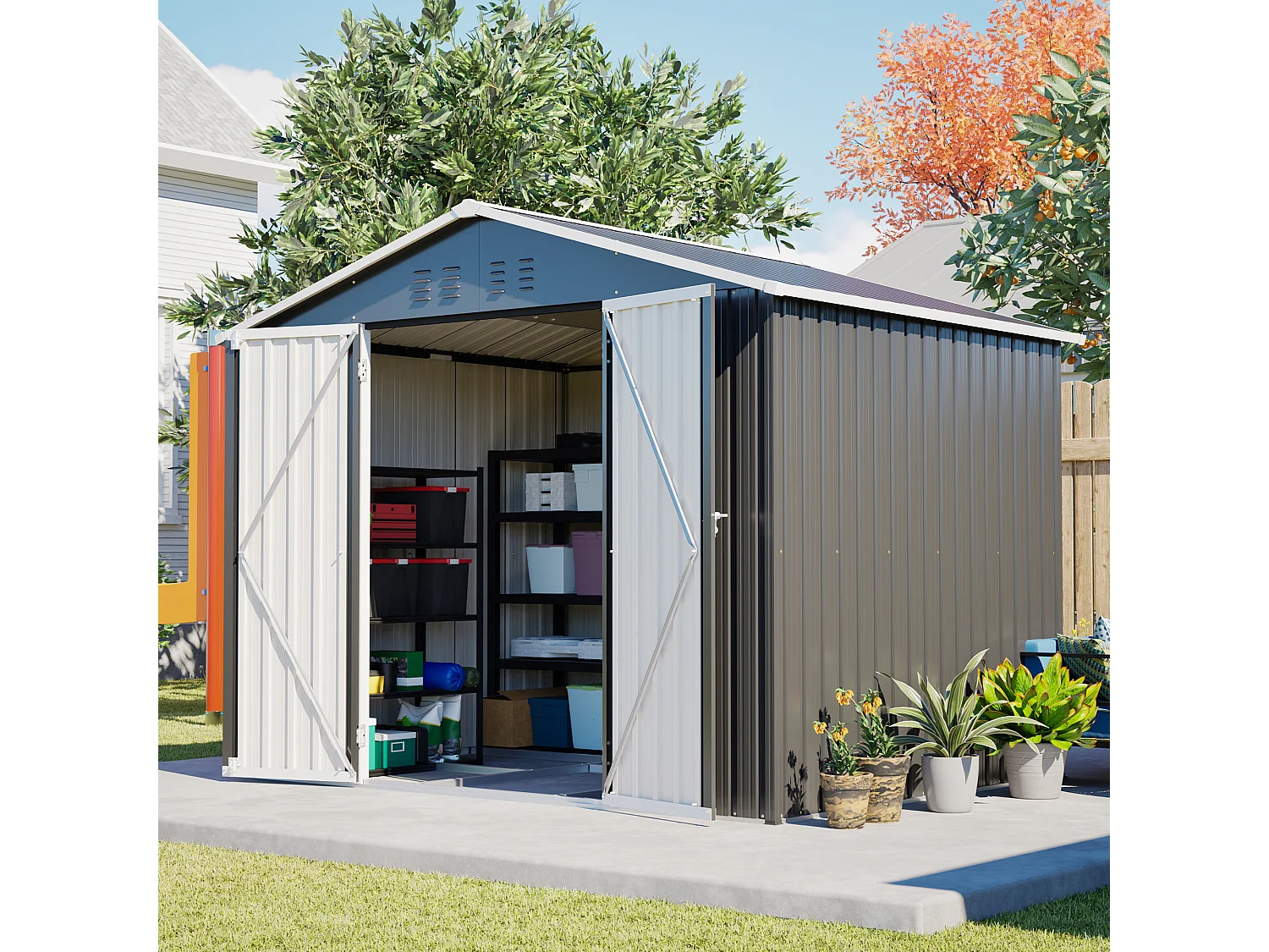 Grijze metalen tuinschuur, 4,13 m², met deur en 4 ventilatieopeningen.