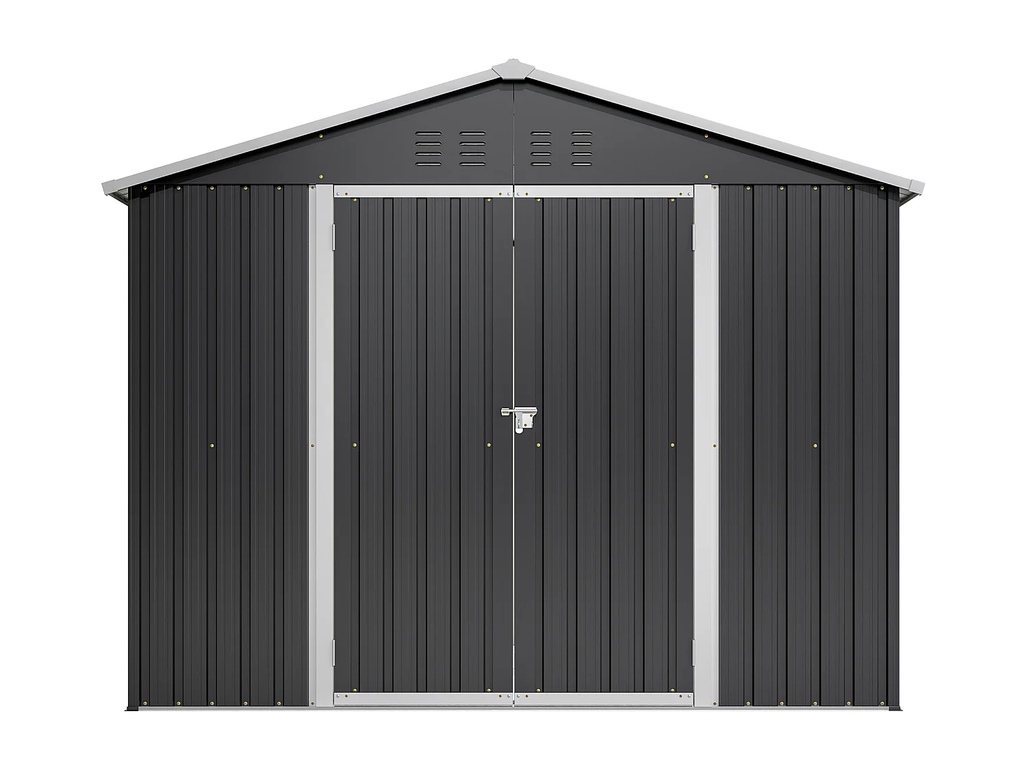 Grijze metalen tuinschuur, 4,13 m², met deur en 4 ventilatieopeningen.