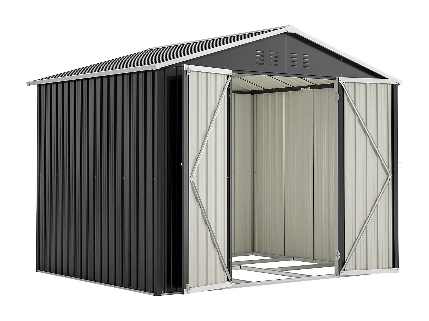 Grijze metalen tuinschuur, 4,13 m², met deur en 4 ventilatieopeningen.