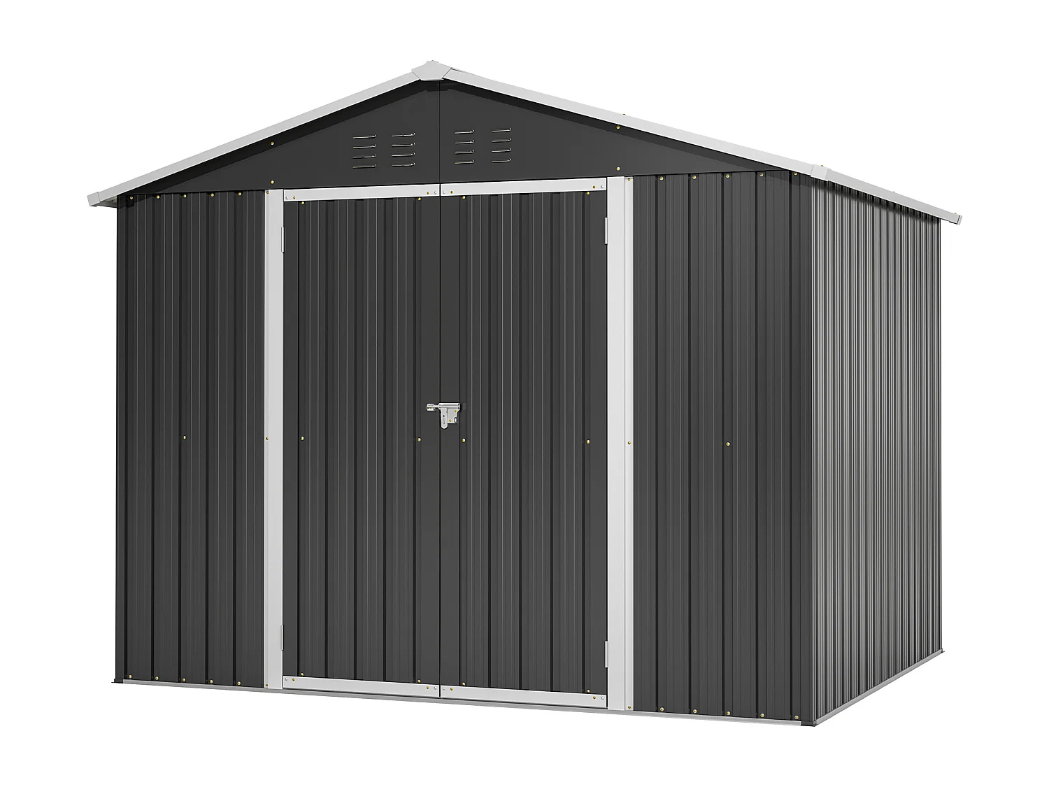 Grijze metalen tuinschuur, 4,13 m², met deur en 4 ventilatieopeningen.