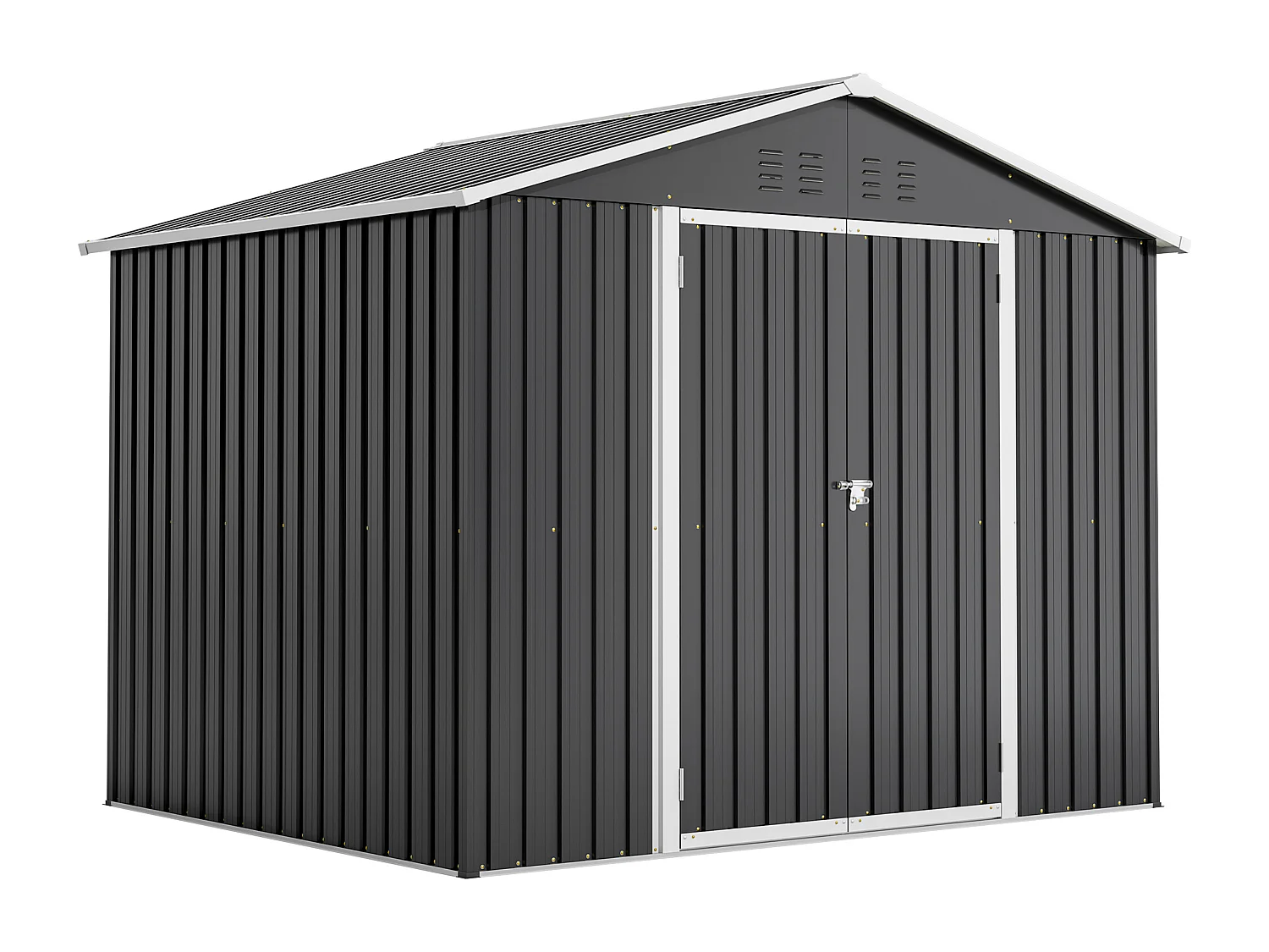 Grijze metalen tuinschuur, 4,13 m², met deur en 4 ventilatieopeningen.
