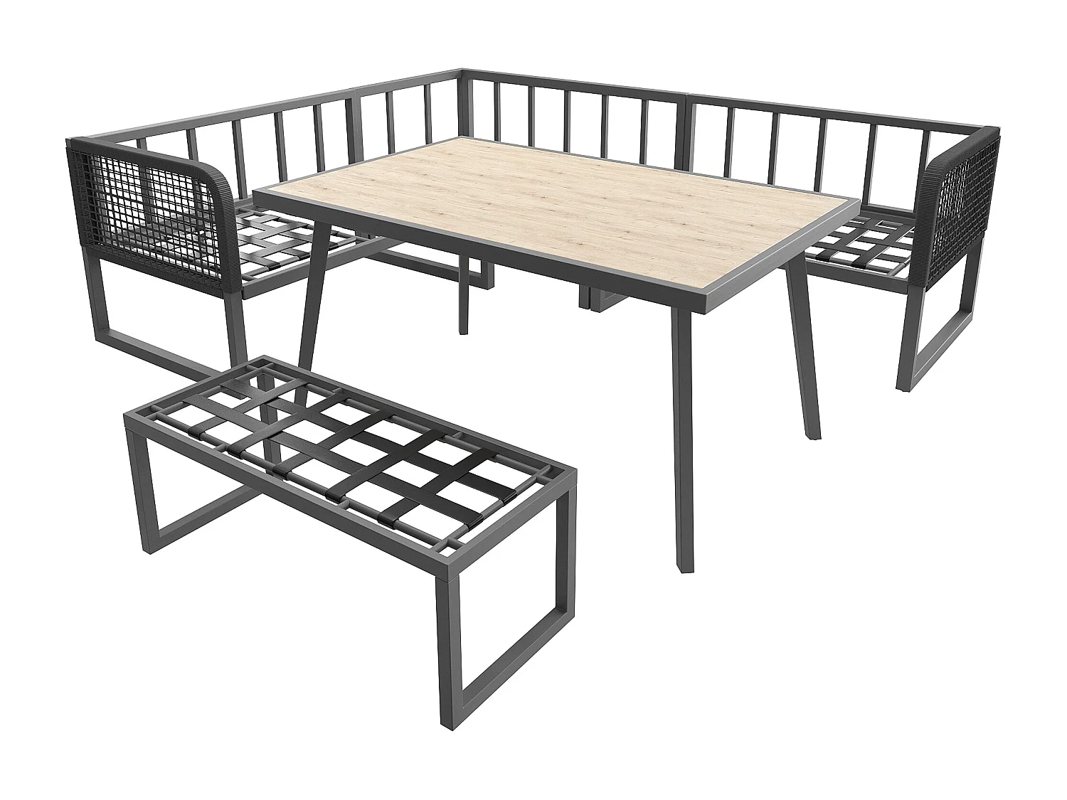 Set modulare di mobili da giardino in rattan grigio con cuscini spessi e tavolo lungo 100 cm.