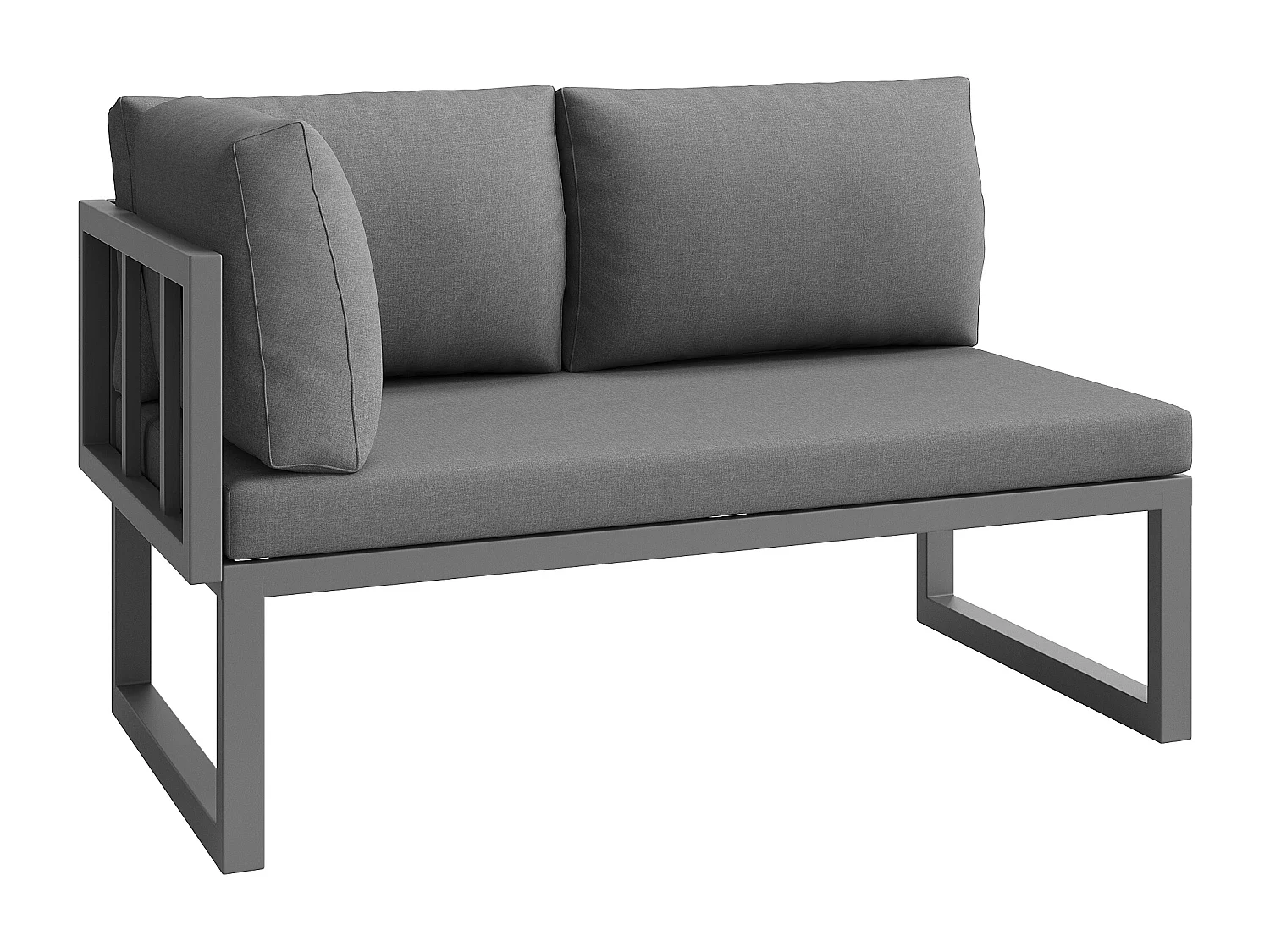 Set modulare di mobili da giardino in rattan grigio con cuscini spessi e tavolo lungo 100 cm.