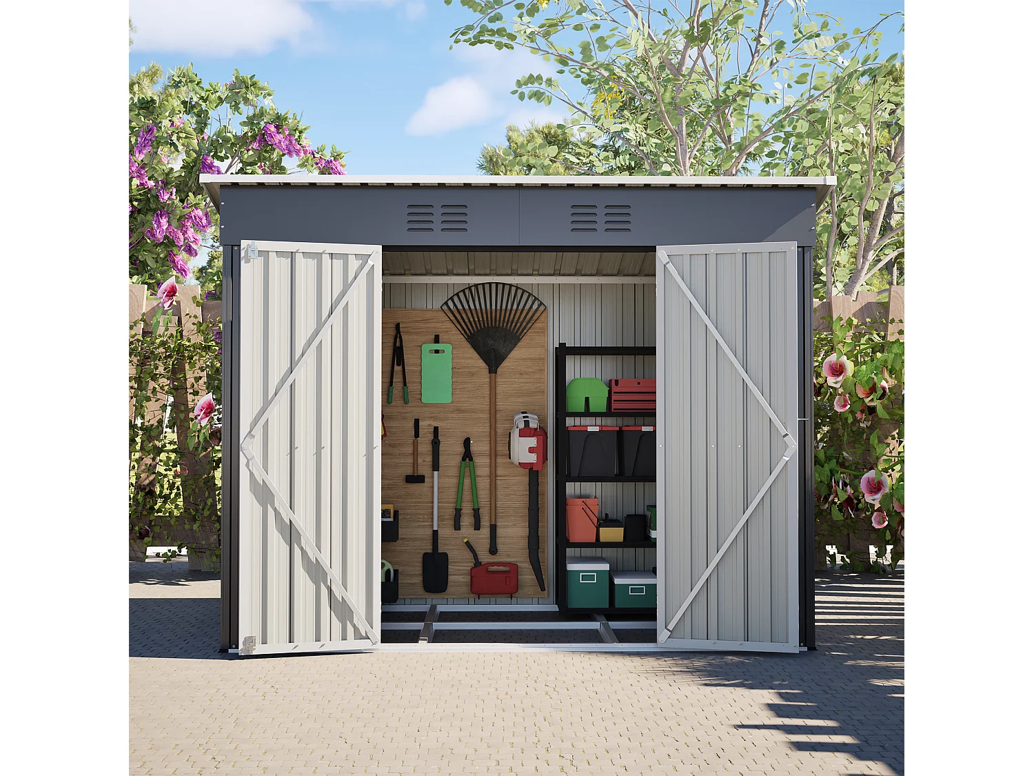 Grijze metalen tuinschuur, 2,54 m², met afsluitbare deur en 2 ventilatieroosters.