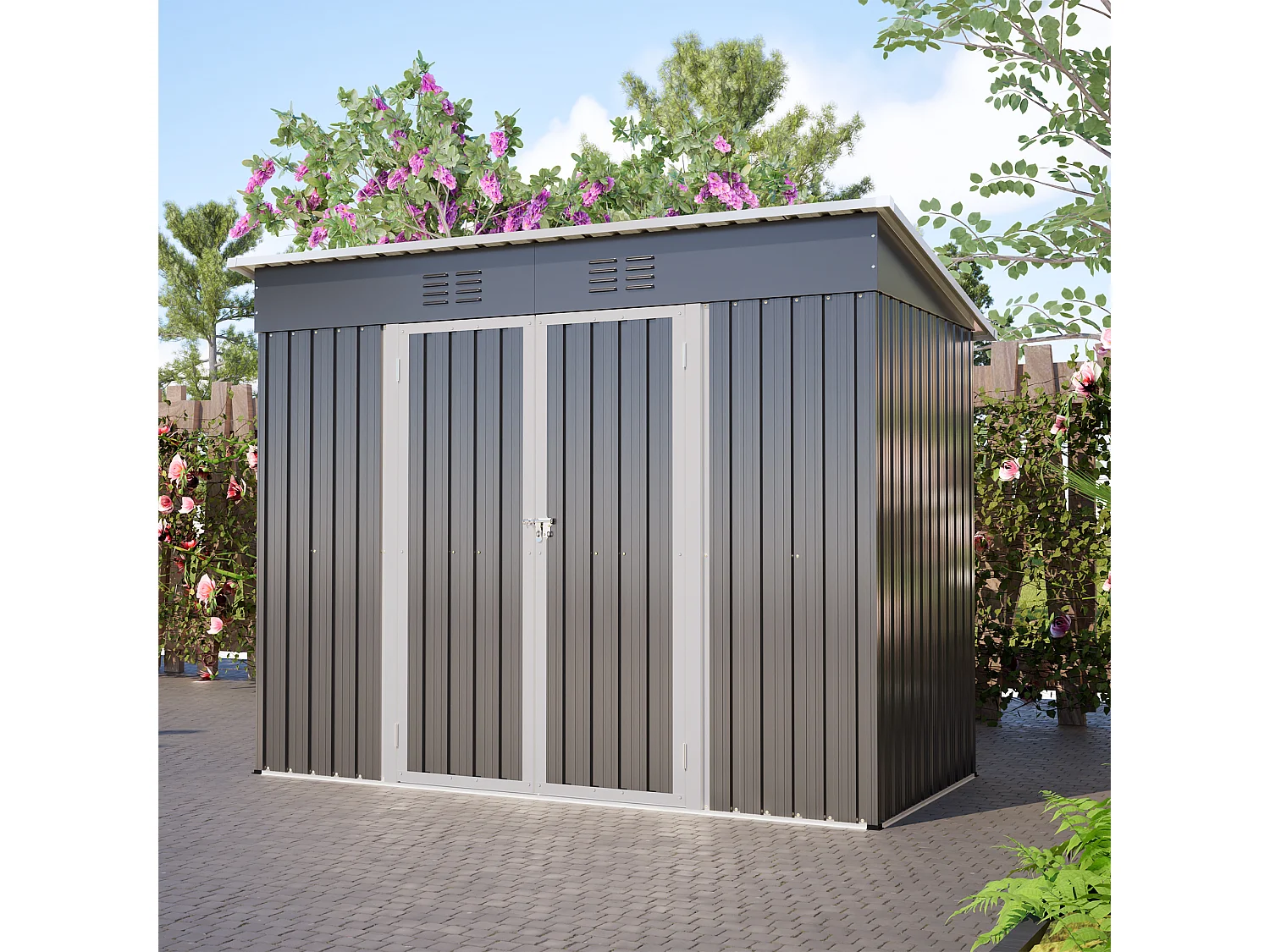 Grijze metalen tuinschuur, 2,54 m², met afsluitbare deur en 2 ventilatieroosters.