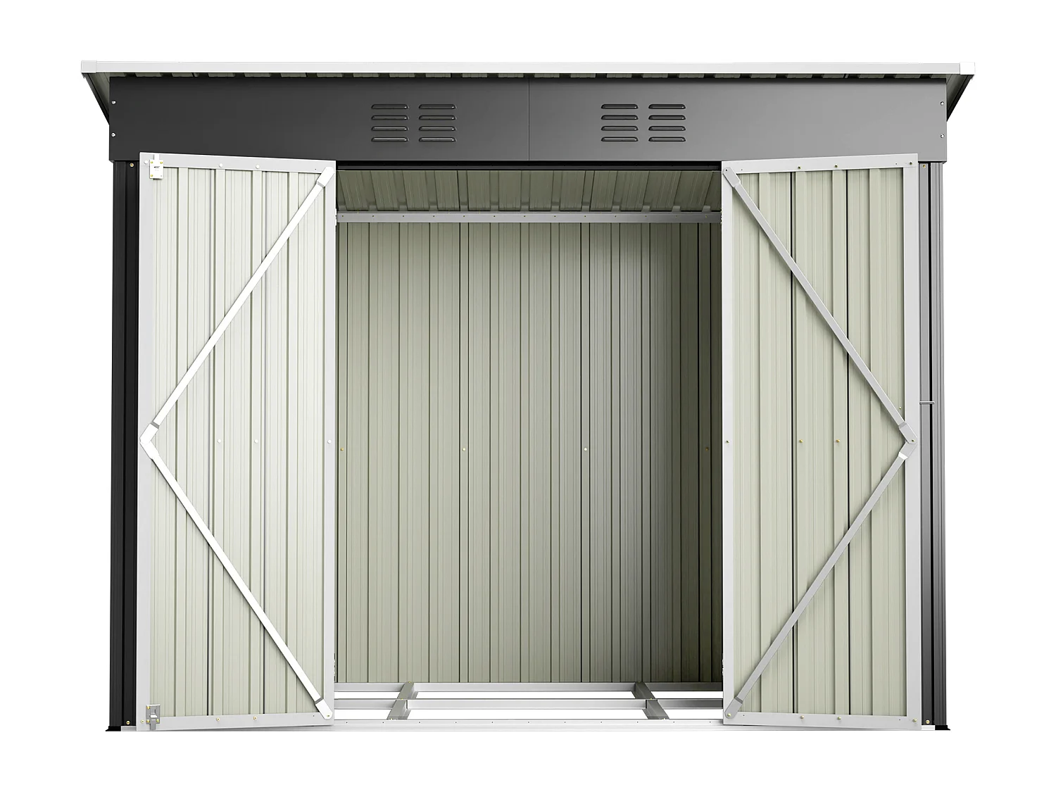 Grijze metalen tuinschuur, 2,54 m², met afsluitbare deur en 2 ventilatieroosters.