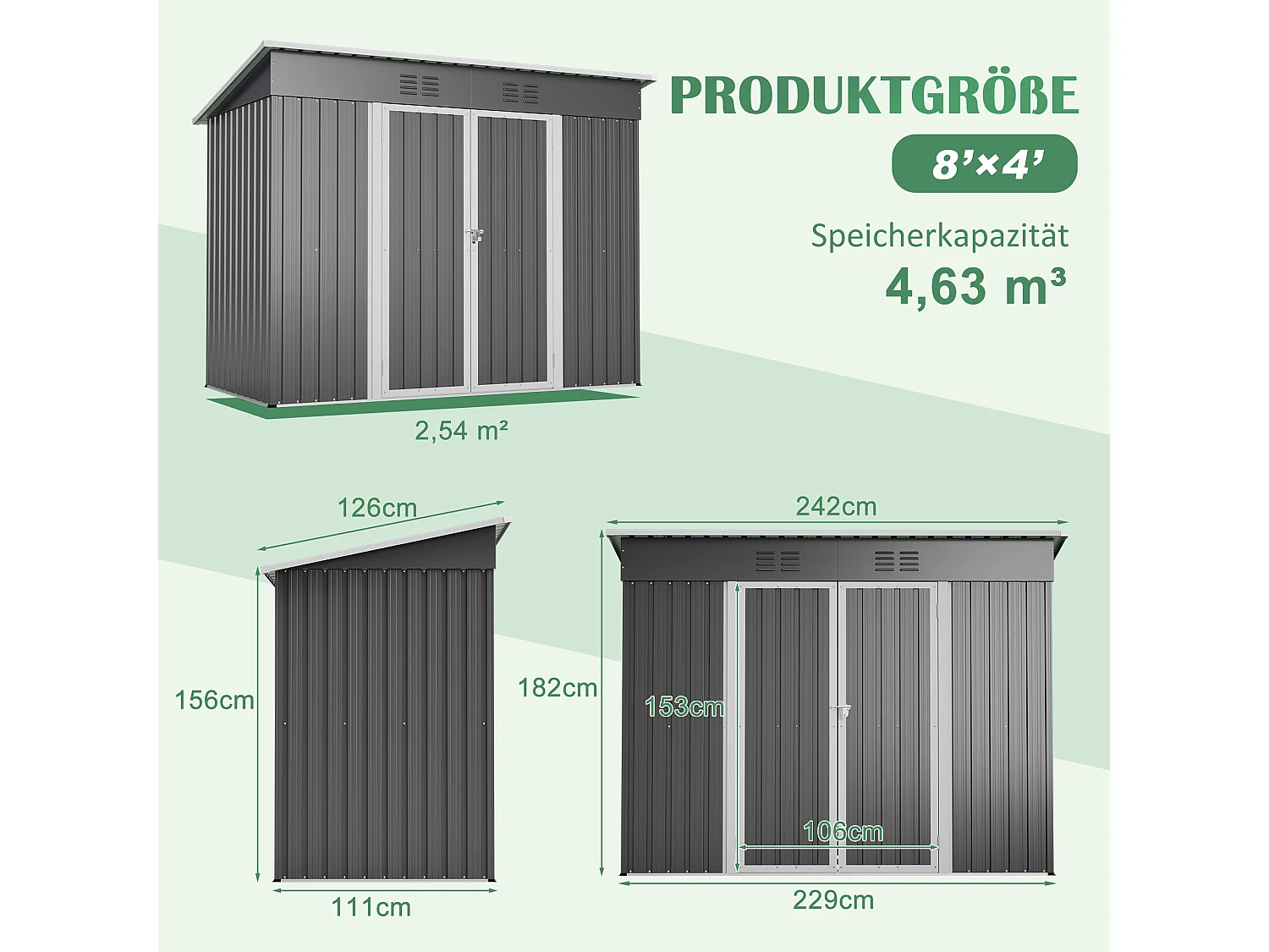 Grijze metalen tuinschuur, 2,54 m², met afsluitbare deur en 2 ventilatieroosters.
