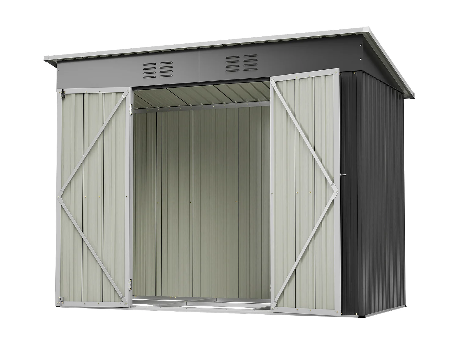 Grijze metalen tuinschuur, 2,54 m², met afsluitbare deur en 2 ventilatieroosters.