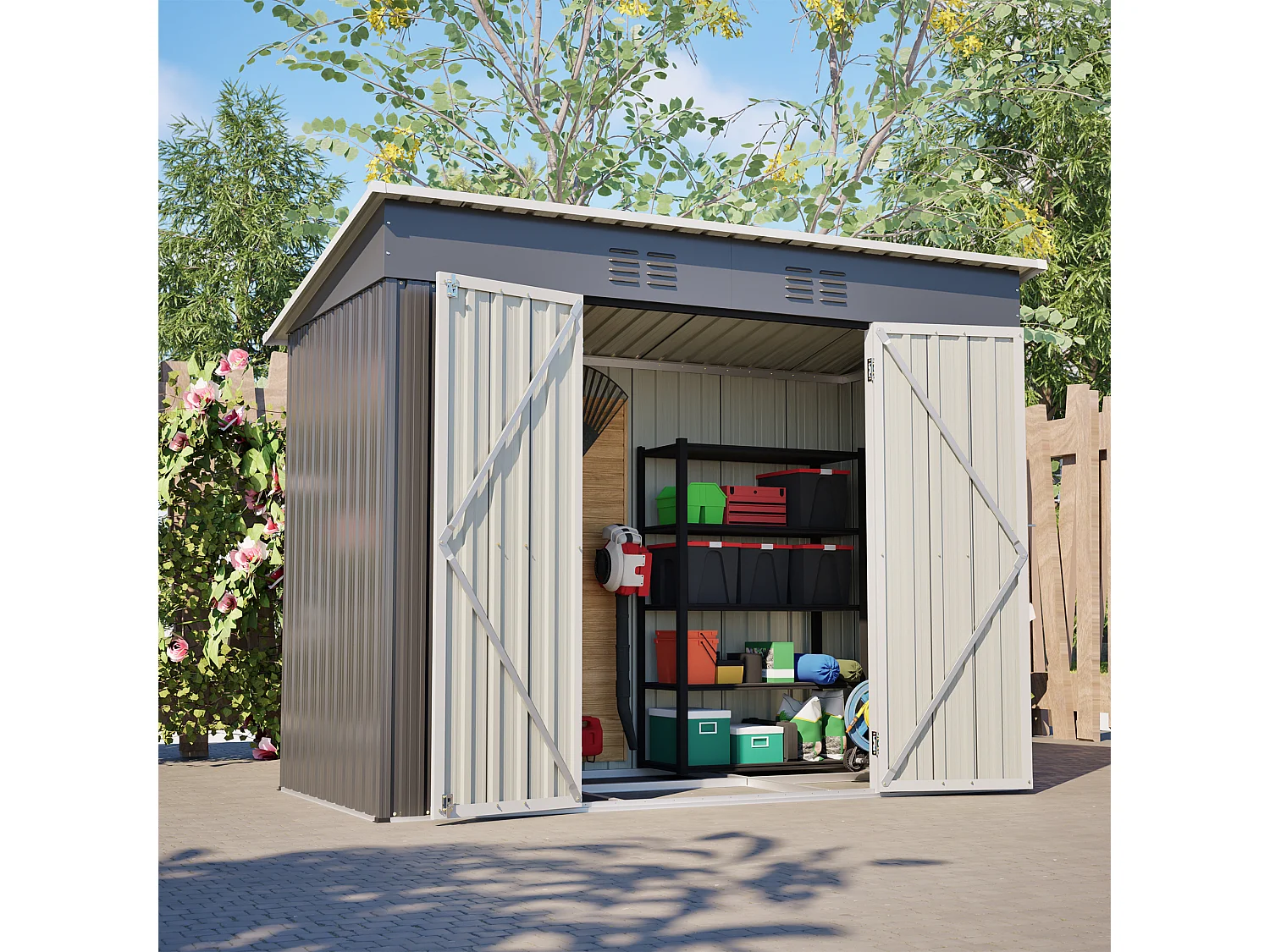 Grijze metalen tuinschuur, 2,54 m², met afsluitbare deur en 2 ventilatieroosters.