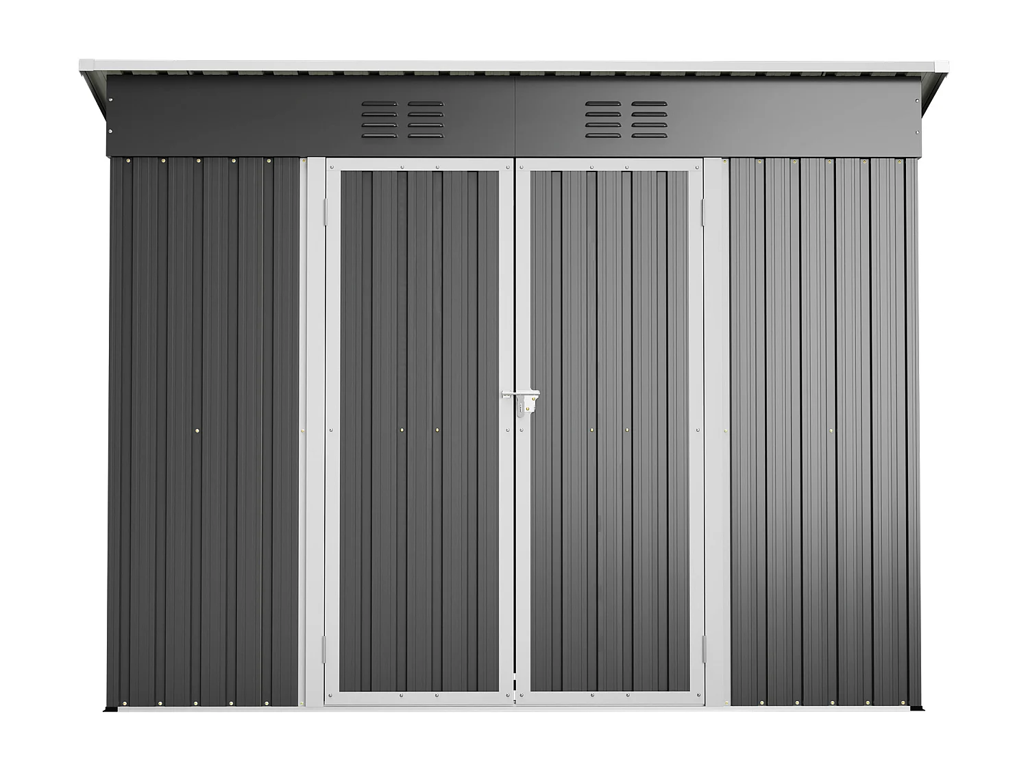Grijze metalen tuinschuur, 2,54 m², met afsluitbare deur en 2 ventilatieroosters.