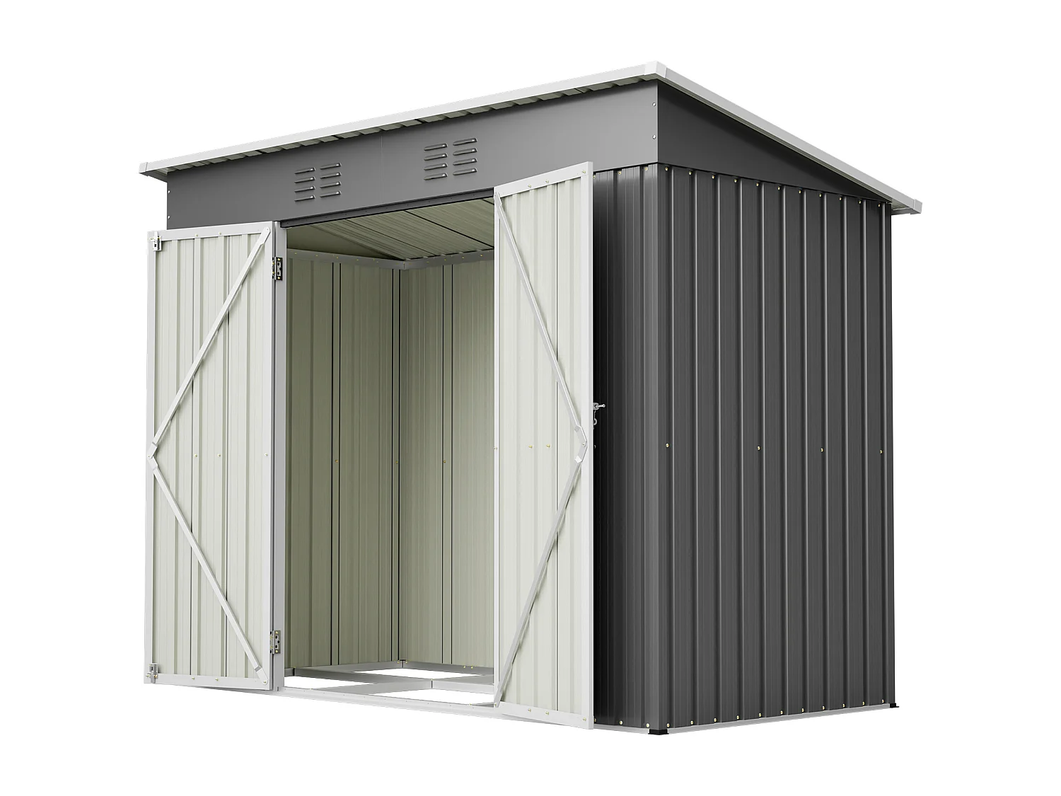 Grijze metalen tuinschuur, 2,54 m², met afsluitbare deur en 2 ventilatieroosters.