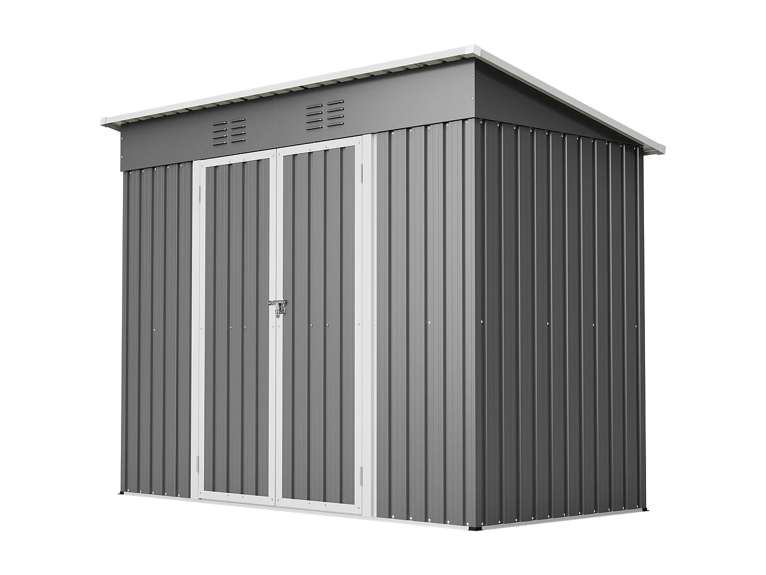 Grijze metalen tuinschuur, 2,54 m², met afsluitbare deur en 2 ventilatieroosters.