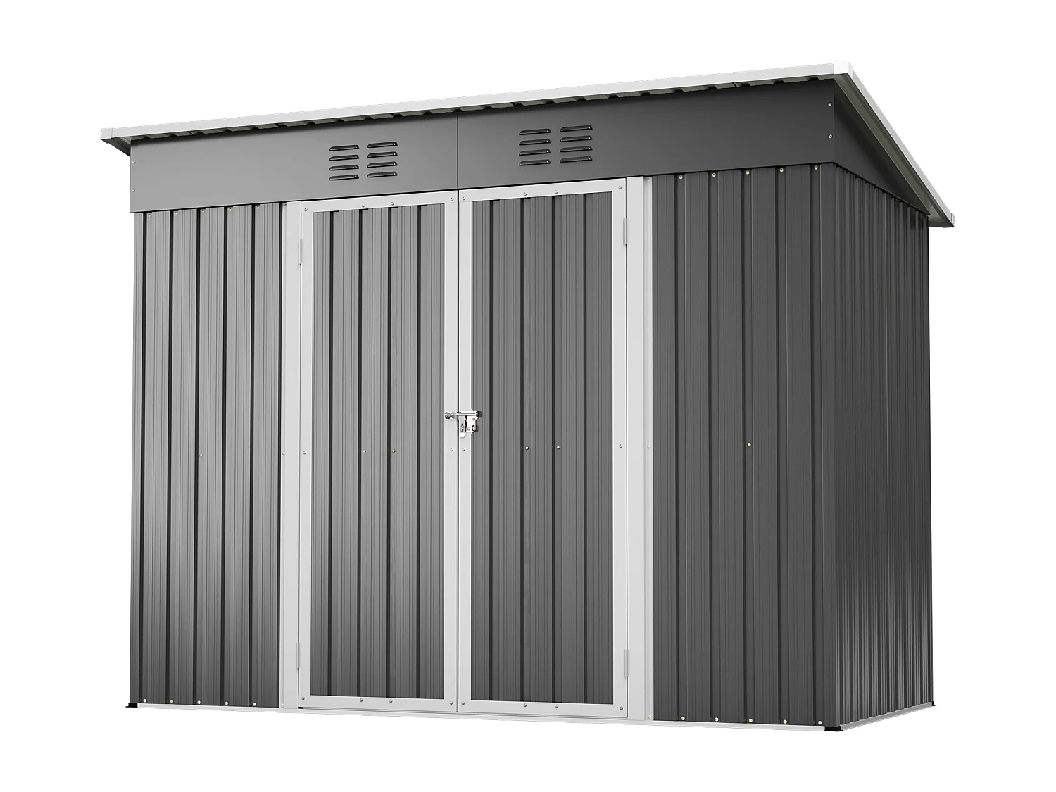 Grijze metalen tuinschuur, 2,54 m², met afsluitbare deur en 2 ventilatieroosters.