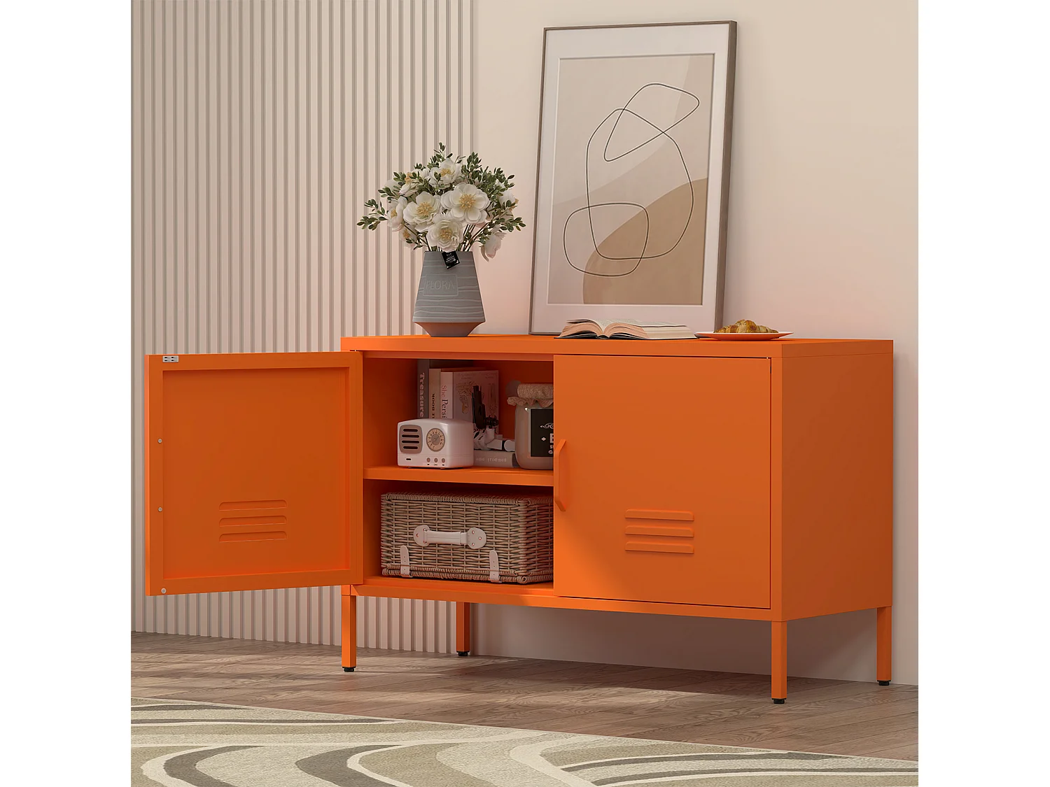 Buffet en acier orange avec étagères réglables 100x40x65 cm